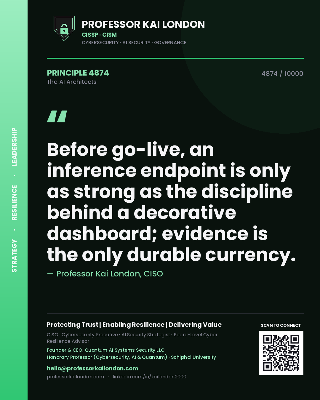 Professor Kai London principle 4874: Before go-live, an inference endpoint is only as strong as the discipline behind a decorative dashboard; evidence is the only durable currency.