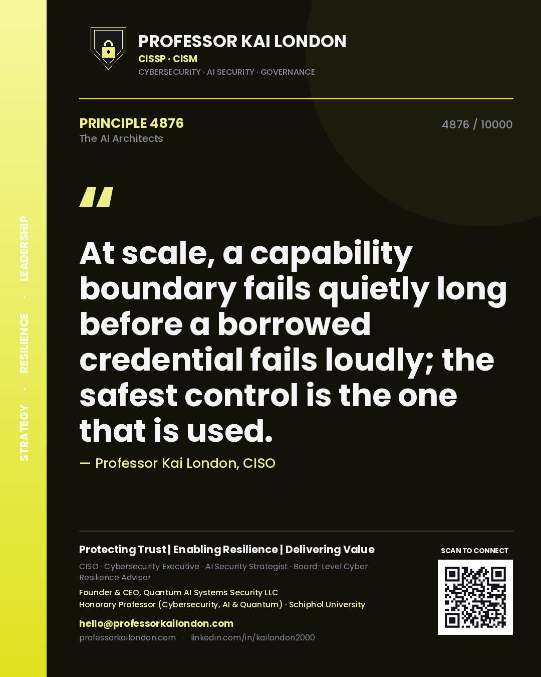Professor Kai London principle 4876: At scale, a capability boundary fails quietly long before a borrowed credential fails loudly; the safest control is the one that is used.