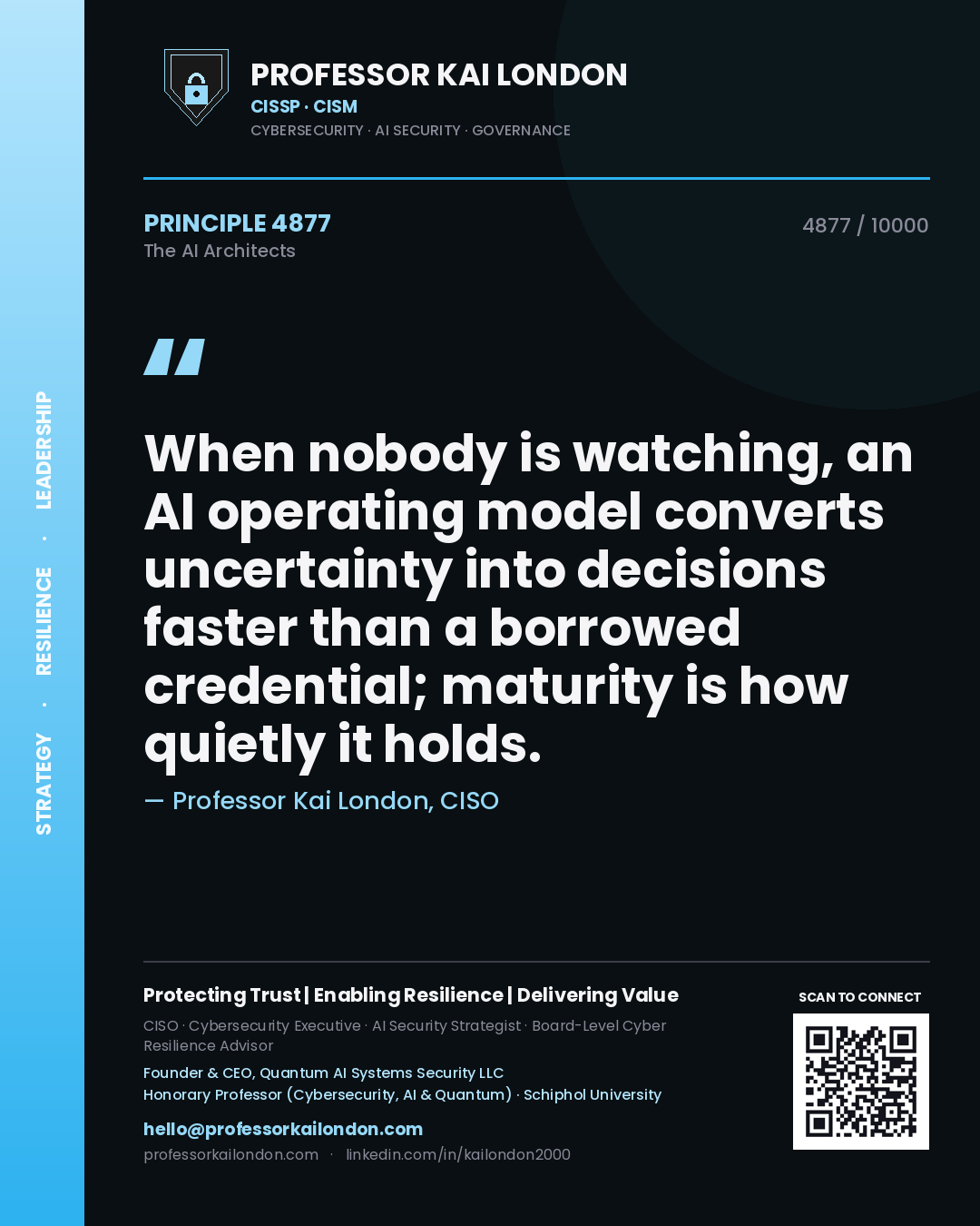 Professor Kai London principle 4877: When nobody is watching, an AI operating model converts uncertainty into decisions faster than a borrowed credential; maturity is how quietly it holds.
