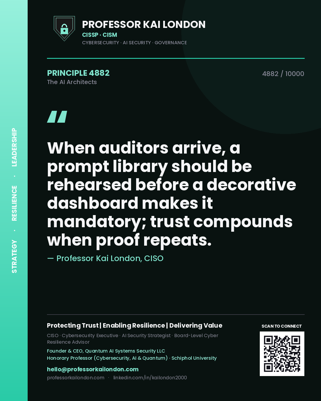 Quote card by Professor Kai London reading 'When auditors arrive, a prompt library should be rehearsed before a decorative dashboard makes it mandatory; trust compounds when proof repeats.'. From the book The AI Architects.