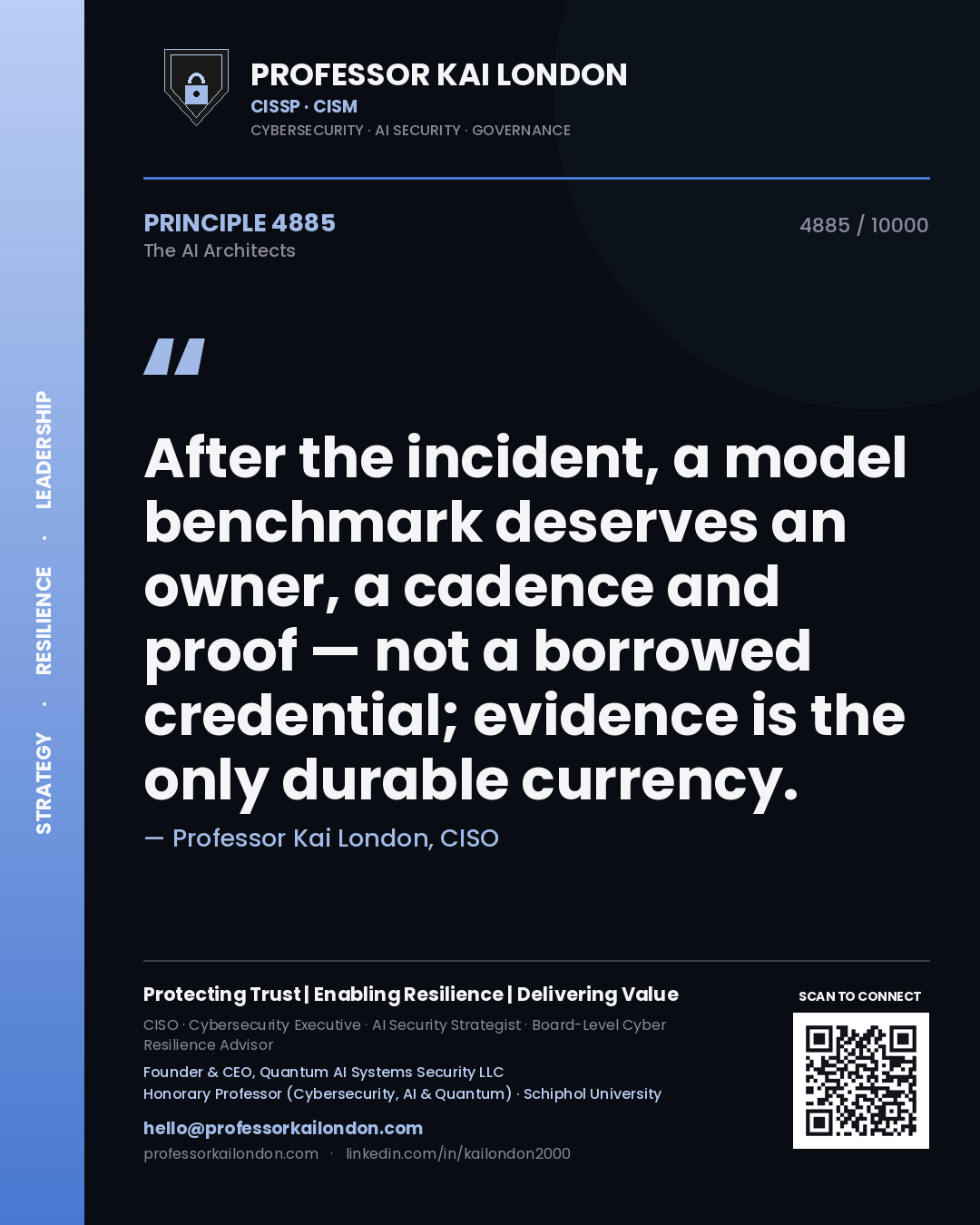 Professor Kai London principle 4885: After the incident, a model benchmark deserves an owner, a cadence and proof — not a borrowed credential; evidence is the only durable currency.