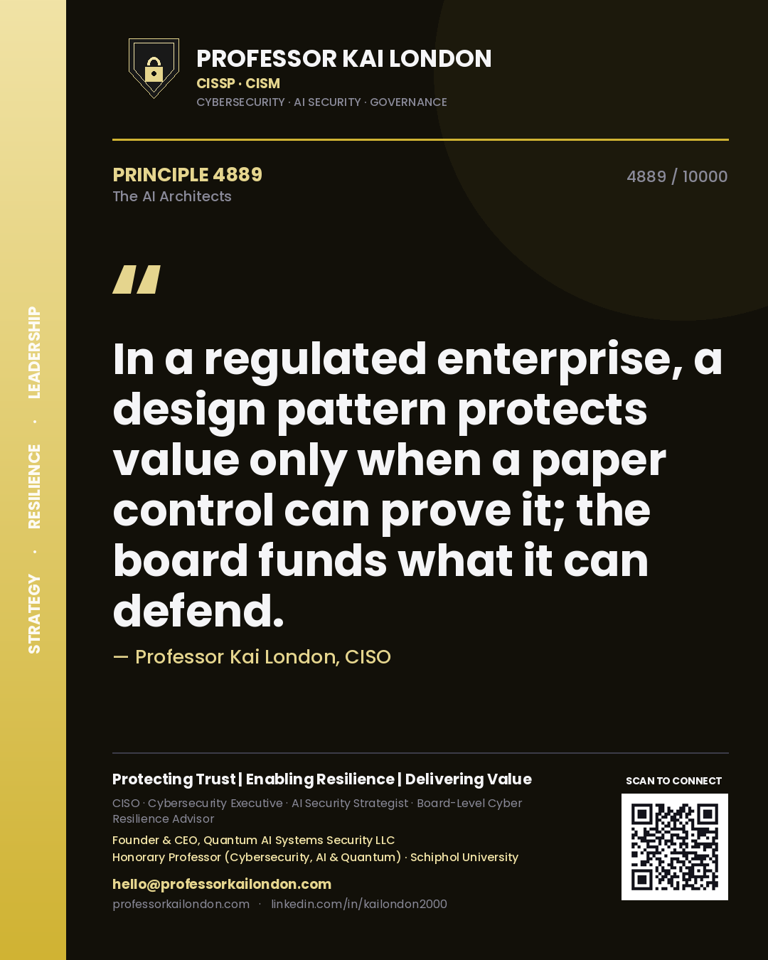 Professor Kai London principle 4889: In a regulated enterprise, a design pattern protects value only when a paper control can prove it; the board funds what it can defend.