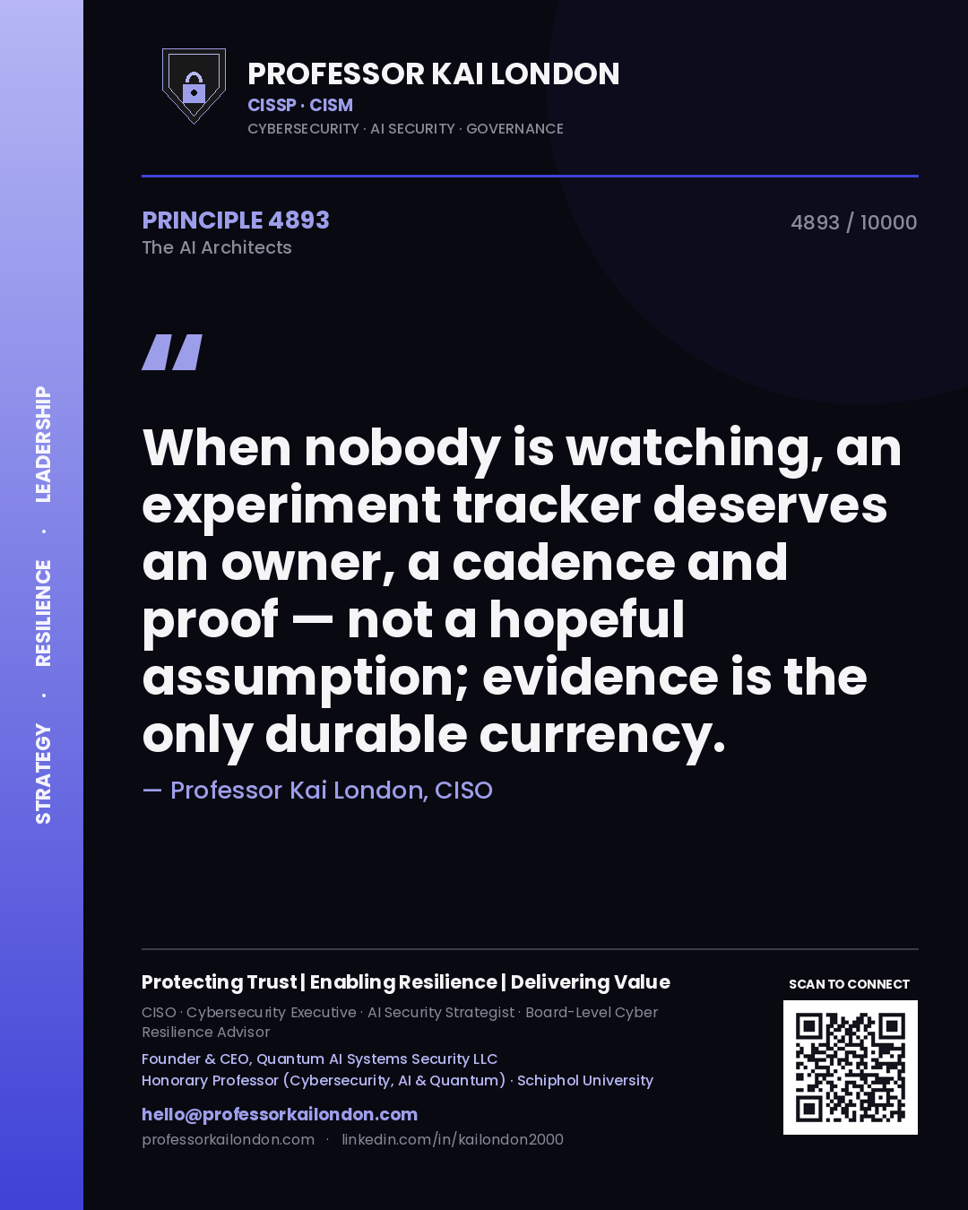 Quote card by Professor Kai London reading 'When nobody is watching, an experiment tracker deserves an owner, a cadence and proof — not a hopeful assumption; evidence is the only durable currency.'. From the book The AI Architects.