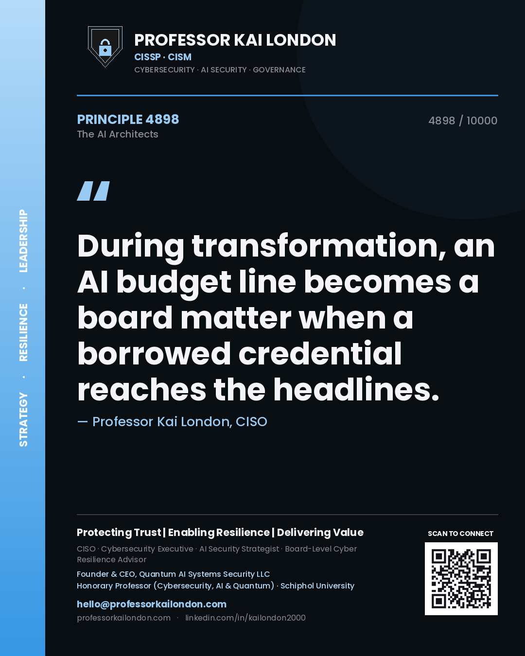 Professor Kai London principle 4898: During transformation, an AI budget line becomes a board matter when a borrowed credential reaches the headlines.