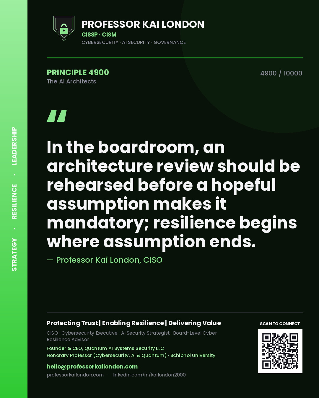 Professor Kai London principle 4900: In the boardroom, an architecture review should be rehearsed before a hopeful assumption makes it mandatory; resilience begins where assumption ends.