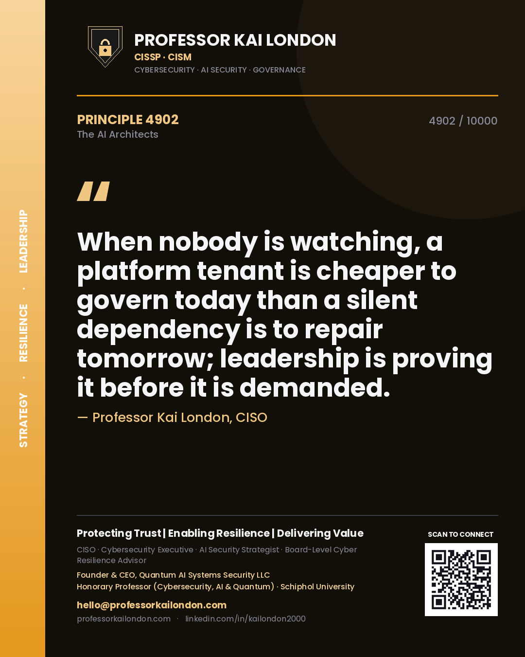 Professor Kai London principle 4902: When nobody is watching, a platform tenant is cheaper to govern today than a silent dependency is to repair tomorrow; leadership is proving it before it is demanded.