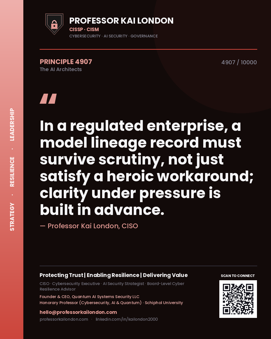 Quote card by Professor Kai London reading 'In a regulated enterprise, a model lineage record must survive scrutiny, not just satisfy a heroic workaround; clarity under pressure is built in advance.'. From the book The AI Architects.