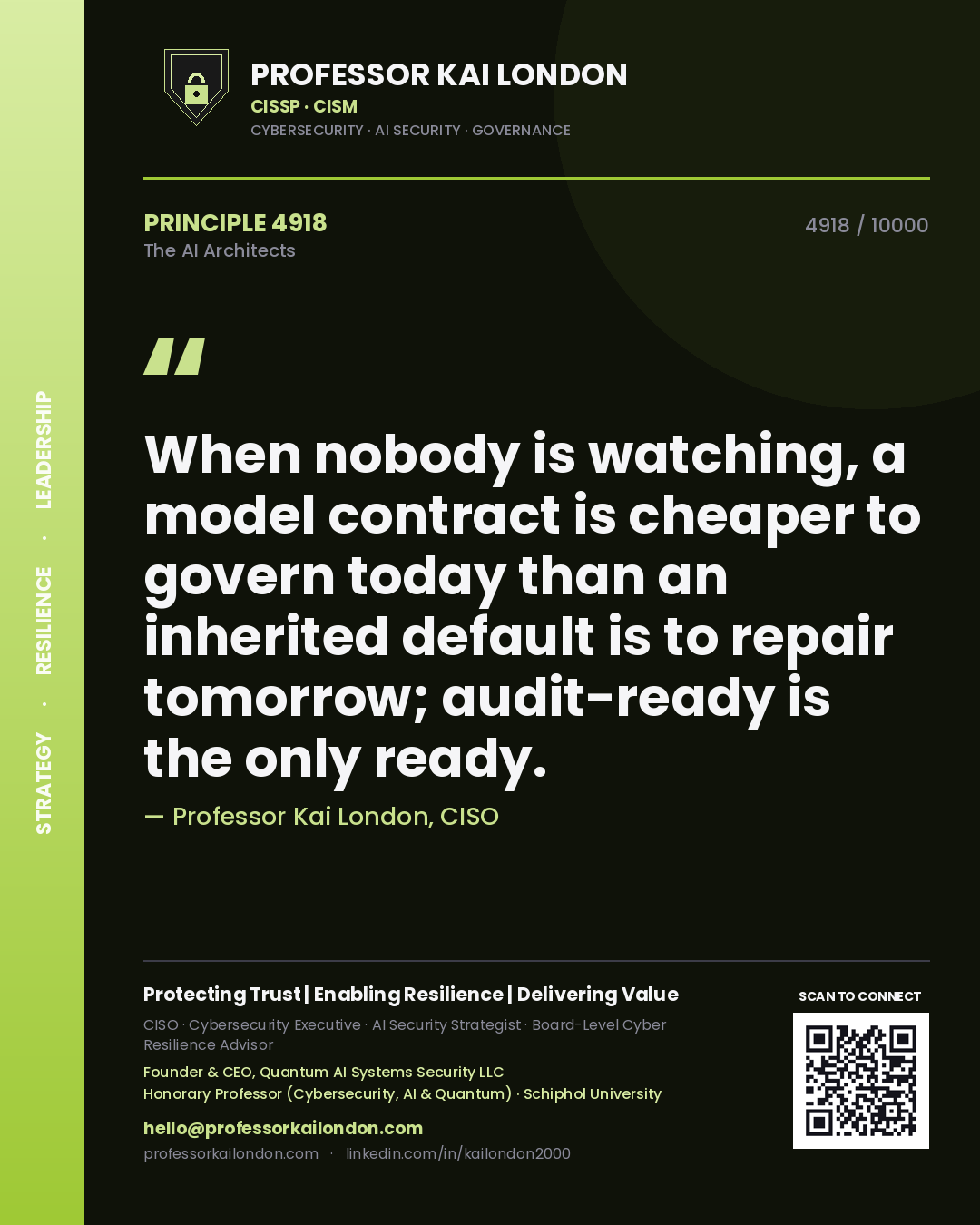 Quote card by Professor Kai London reading 'When nobody is watching, a model contract is cheaper to govern today than an inherited default is to repair tomorrow; audit-ready is the only ready.'. From the book The AI Architects.