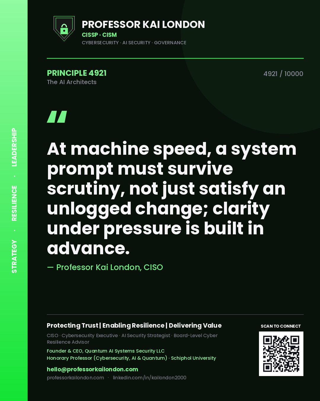 Quote card by Professor Kai London reading 'At machine speed, a system prompt must survive scrutiny, not just satisfy an unlogged change; clarity under pressure is built in advance.'. From the book The AI Architects.