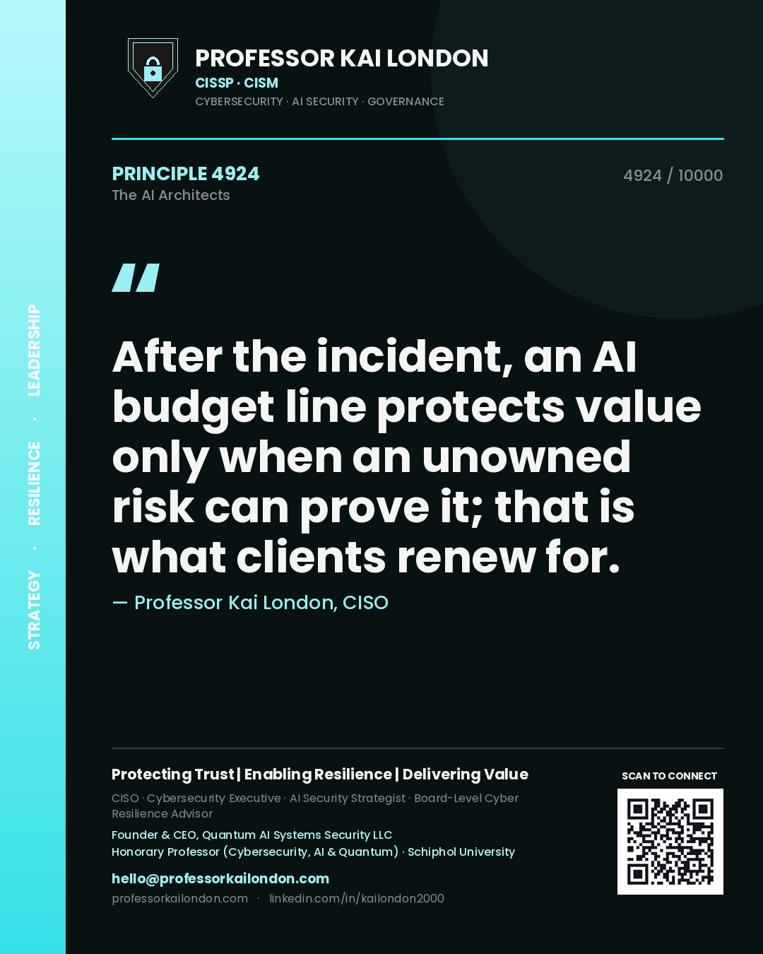 Quote card by Professor Kai London reading 'After the incident, an AI budget line protects value only when an unowned risk can prove it; that is what clients renew for.'. From the book The AI Architects.
