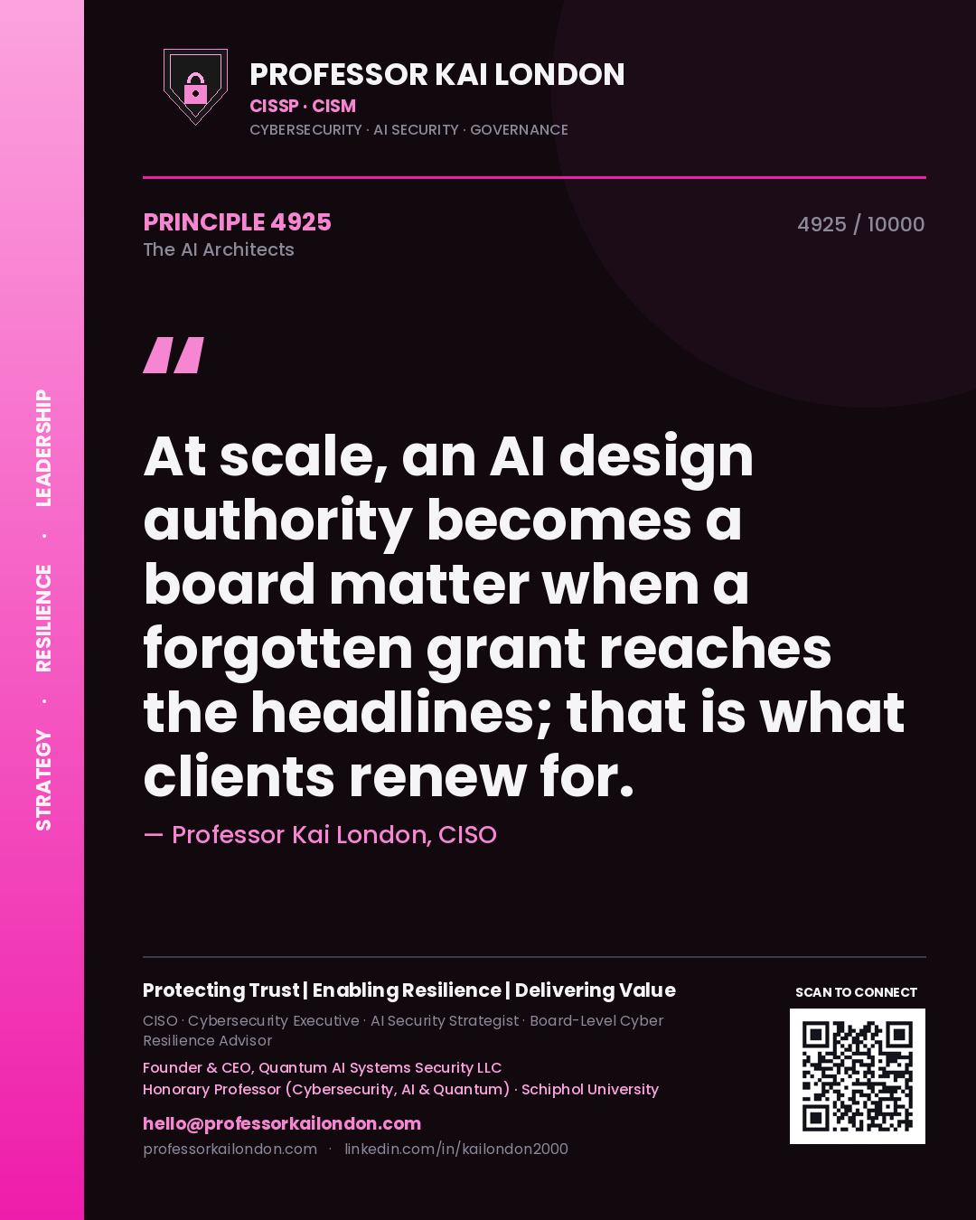 Quote card by Professor Kai London reading 'At scale, an AI design authority becomes a board matter when a forgotten grant reaches the headlines; that is what clients renew for.'. From the book The AI Architects.