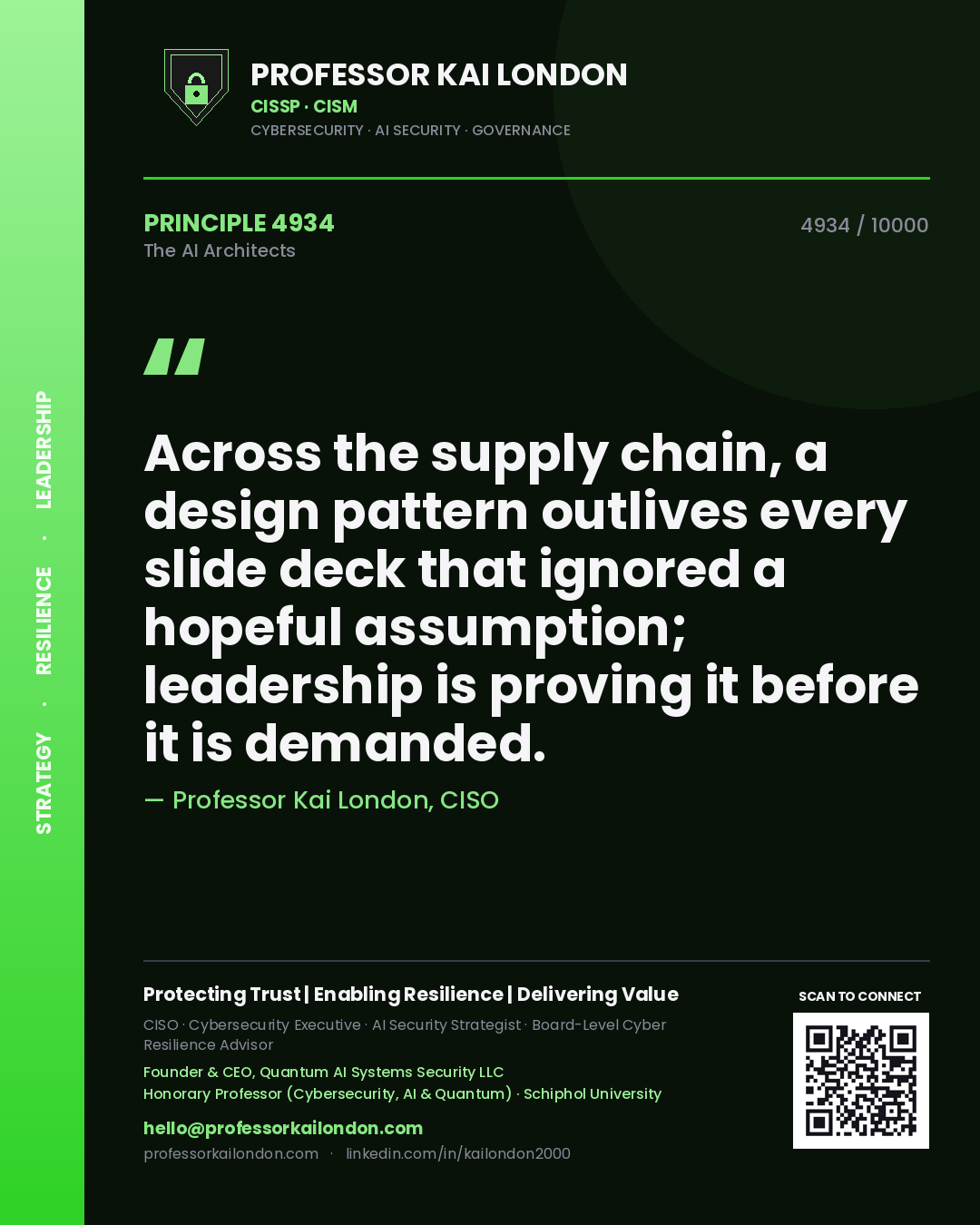 Professor Kai London principle 4934: Across the supply chain, a design pattern outlives every slide deck that ignored a hopeful assumption; leadership is proving it before it is demanded.
