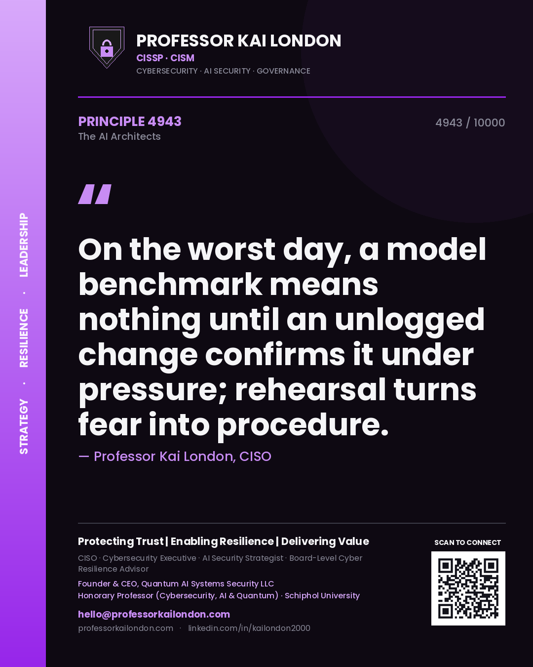 Professor Kai London principle 4943: On the worst day, a model benchmark means nothing until an unlogged change confirms it under pressure; rehearsal turns fear into procedure.