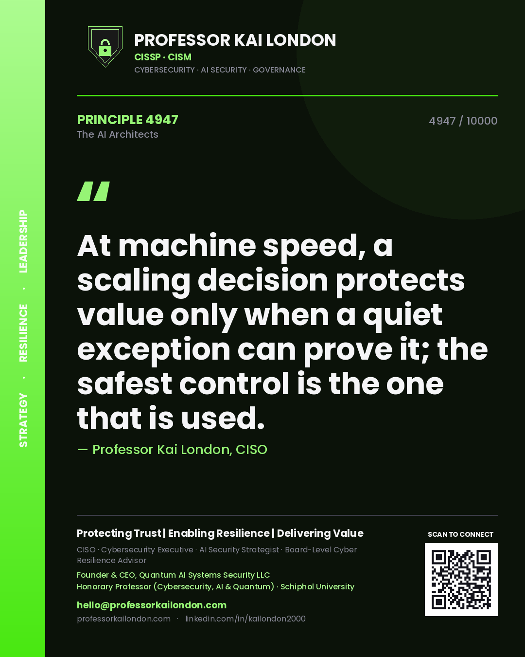Professor Kai London principle 4947: At machine speed, a scaling decision protects value only when a quiet exception can prove it; the safest control is the one that is used.