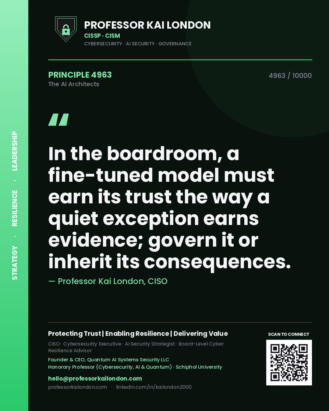 Quote card by Professor Kai London reading 'In the boardroom, a fine-tuned model must earn its trust the way a quiet exception earns evidence; govern it or inherit its consequences.'. From the book The AI Architects.