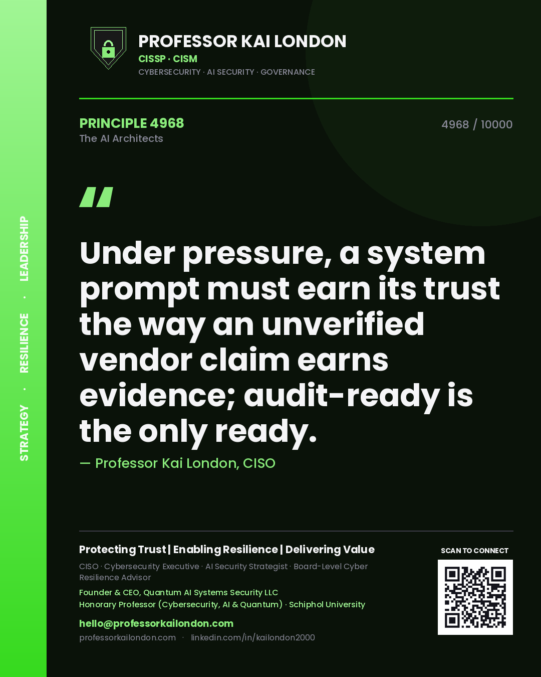 Professor Kai London principle 4968: Under pressure, a system prompt must earn its trust the way an unverified vendor claim earns evidence; audit-ready is the only ready.