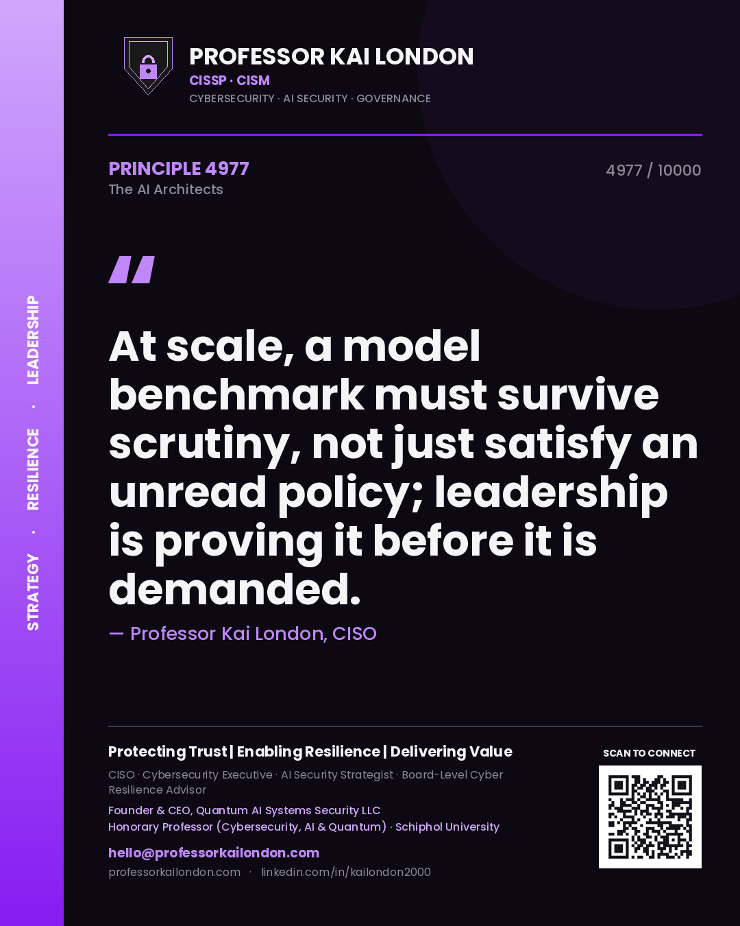 Professor Kai London principle 4977: At scale, a model benchmark must survive scrutiny, not just satisfy an unread policy; leadership is proving it before it is demanded.