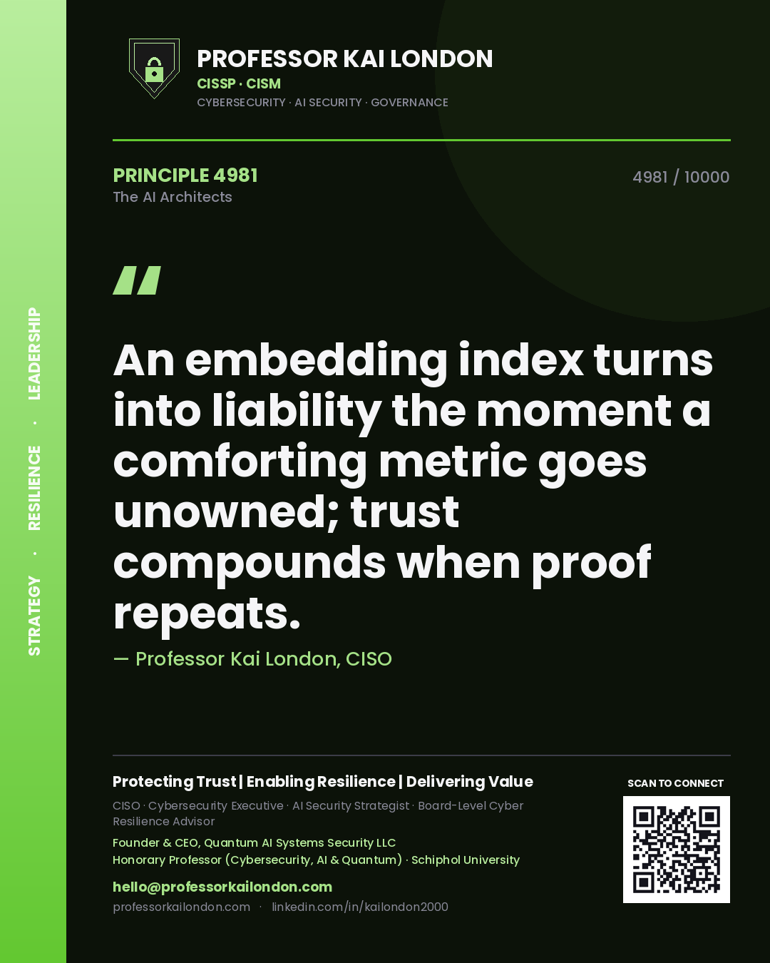 Professor Kai London principle 4981: An embedding index turns into liability the moment a comforting metric goes unowned; trust compounds when proof repeats.