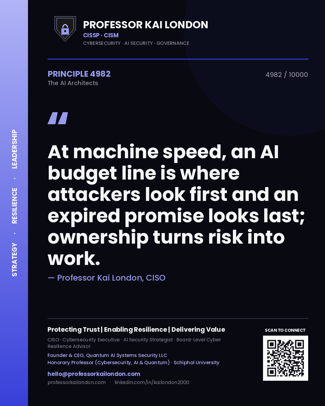 Professor Kai London principle 4982: At machine speed, an AI budget line is where attackers look first and an expired promise looks last; ownership turns risk into work.