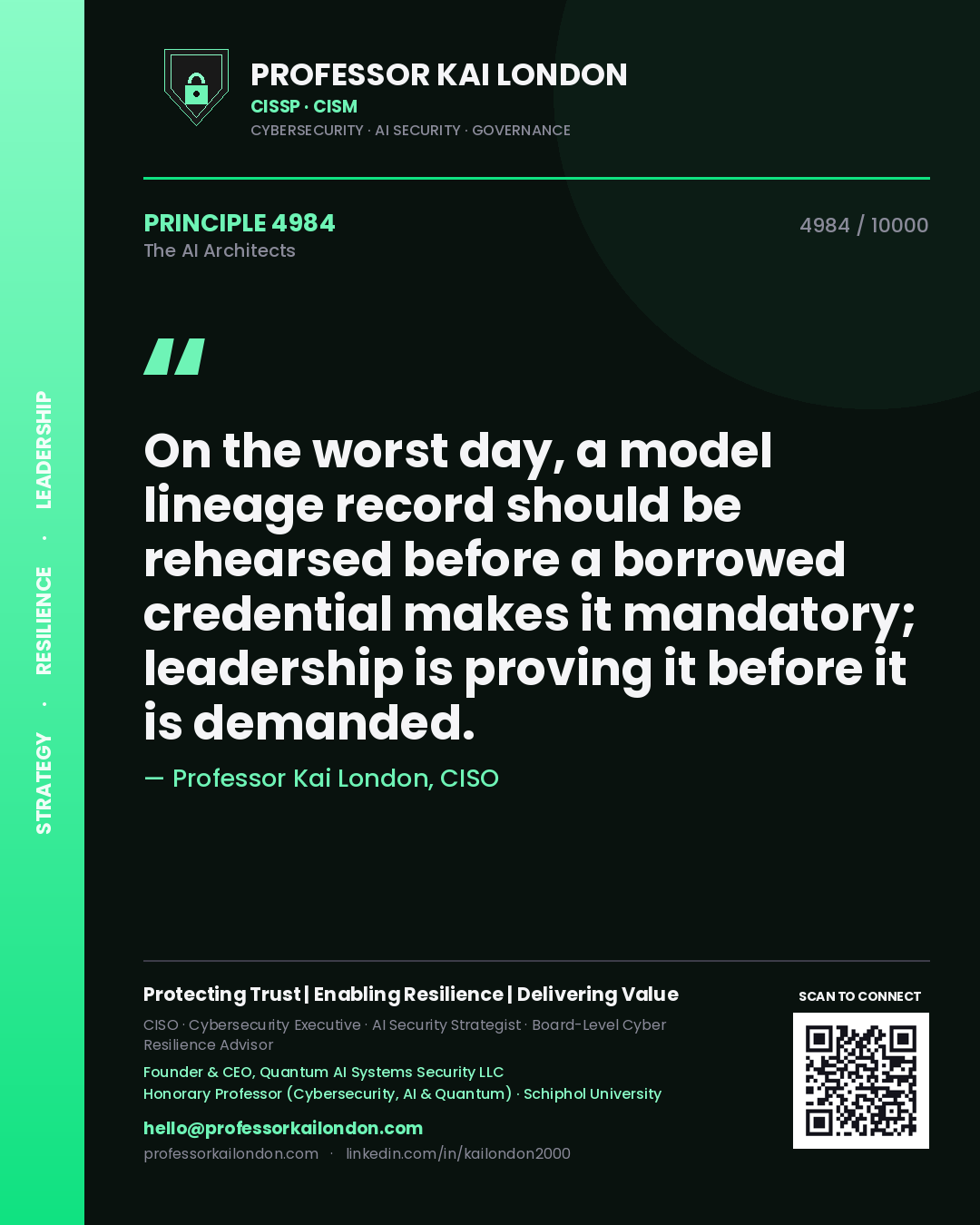 Quote card by Professor Kai London reading 'On the worst day, a model lineage record should be rehearsed before a borrowed credential makes it mandatory; leadership is proving it before it is demanded.'. From the book The AI Architects.