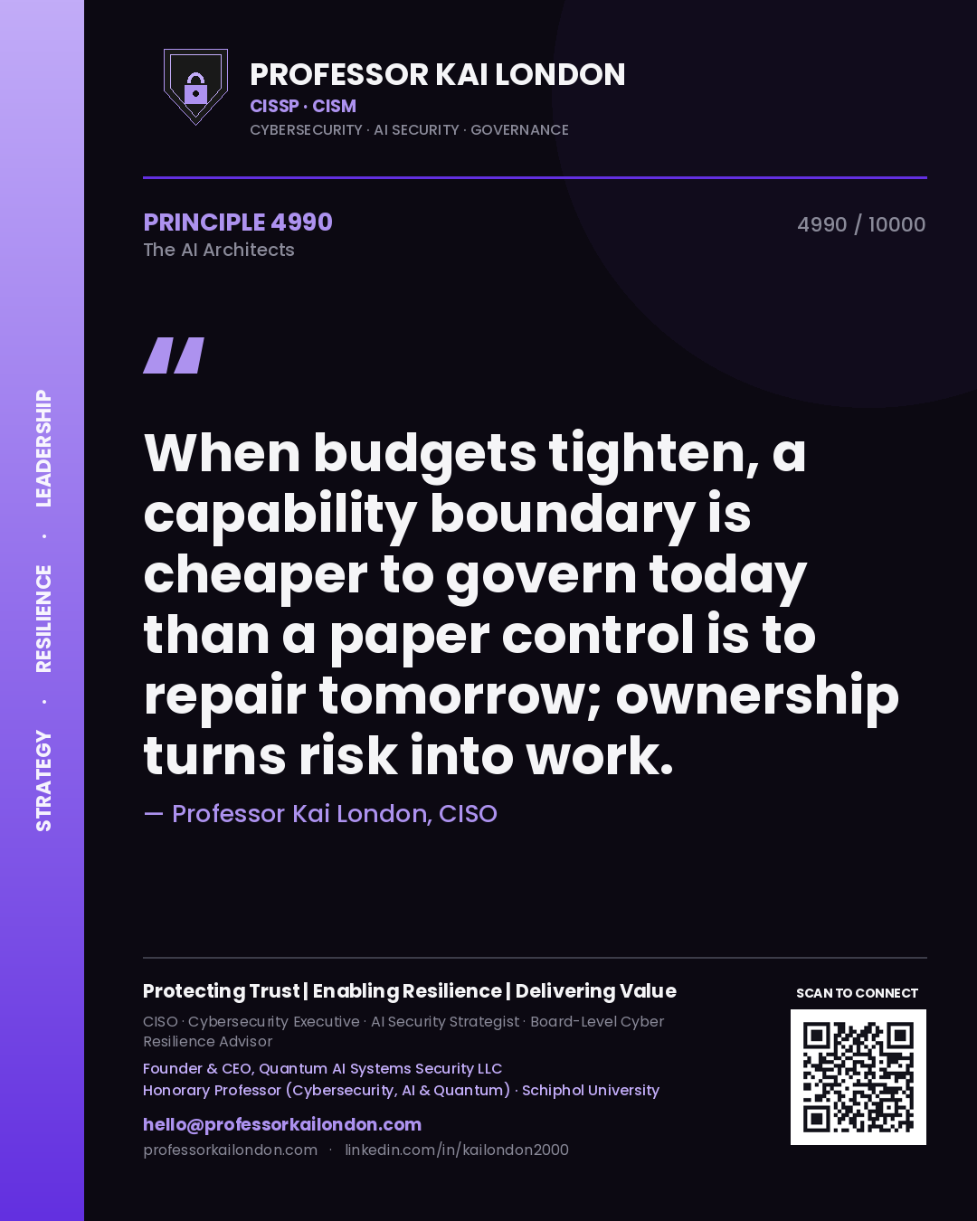 Quote card by Professor Kai London reading 'When budgets tighten, a capability boundary is cheaper to govern today than a paper control is to repair tomorrow; ownership turns risk into work.'. From the book The AI Architects.