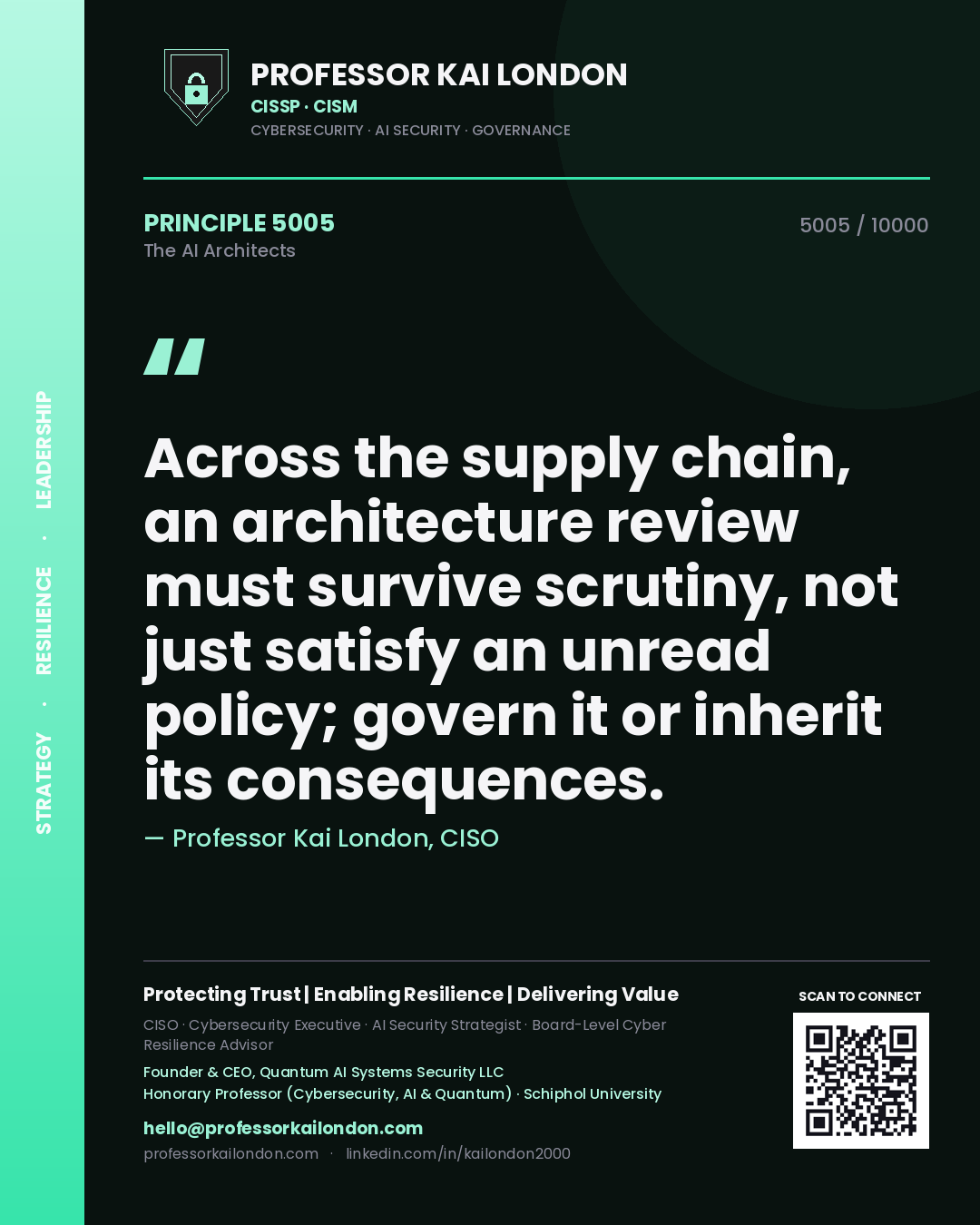 Professor Kai London principle 5005: Across the supply chain, an architecture review must survive scrutiny, not just satisfy an unread policy; govern it or inherit its consequences.