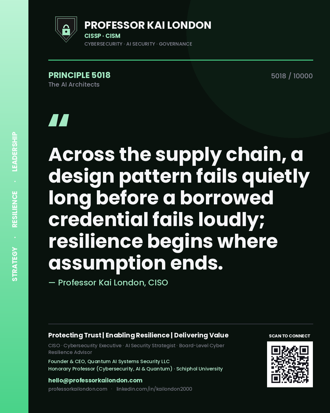 Quote card by Professor Kai London reading 'Across the supply chain, a design pattern fails quietly long before a borrowed credential fails loudly; resilience begins where assumption ends.'. From the book The AI Architects.
