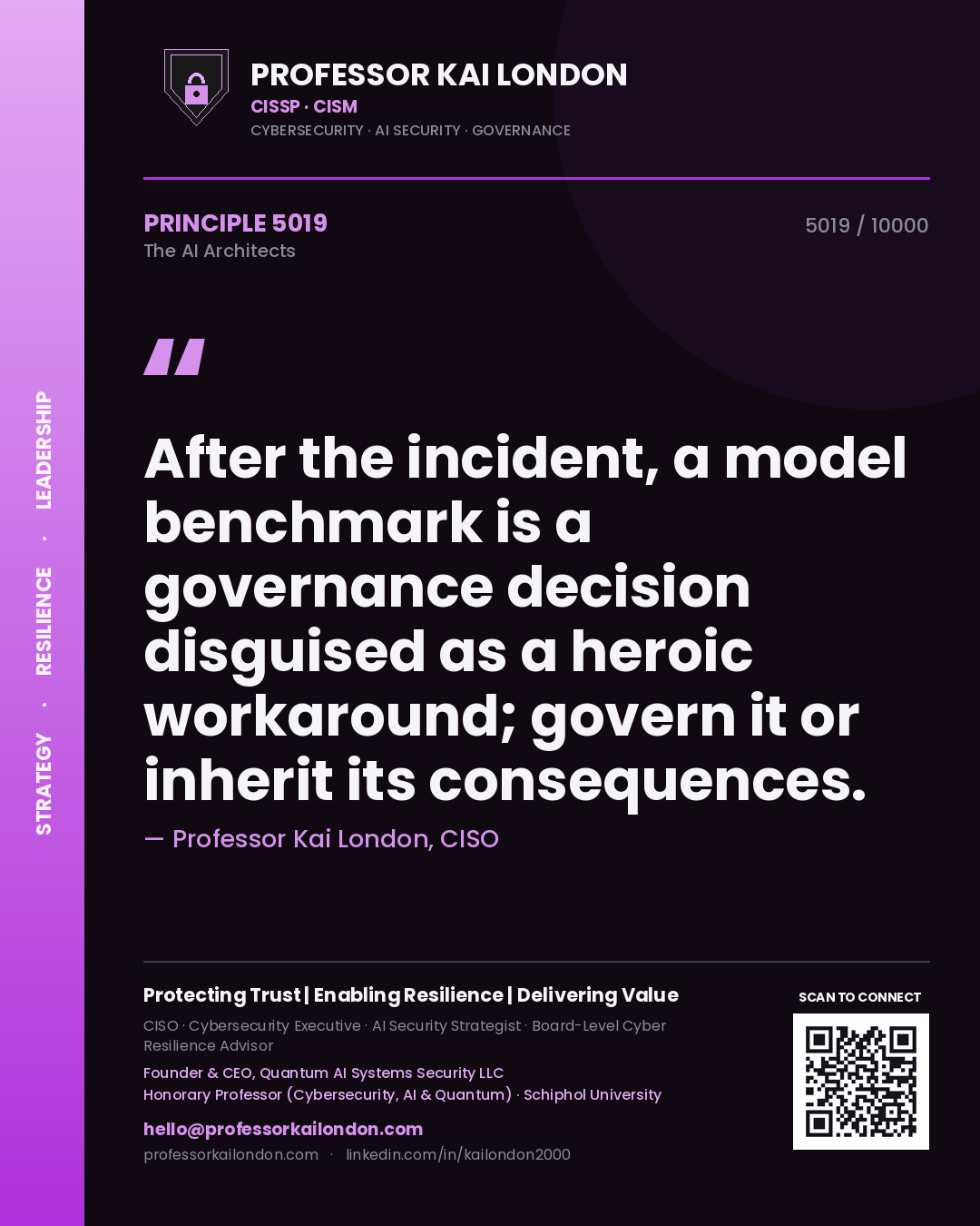 Quote card by Professor Kai London reading 'After the incident, a model benchmark is a governance decision disguised as a heroic workaround; govern it or inherit its consequences.'. From the book The AI Architects.