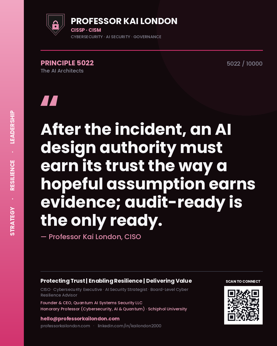 Professor Kai London principle 5022: After the incident, an AI design authority must earn its trust the way a hopeful assumption earns evidence; audit-ready is the only ready.
