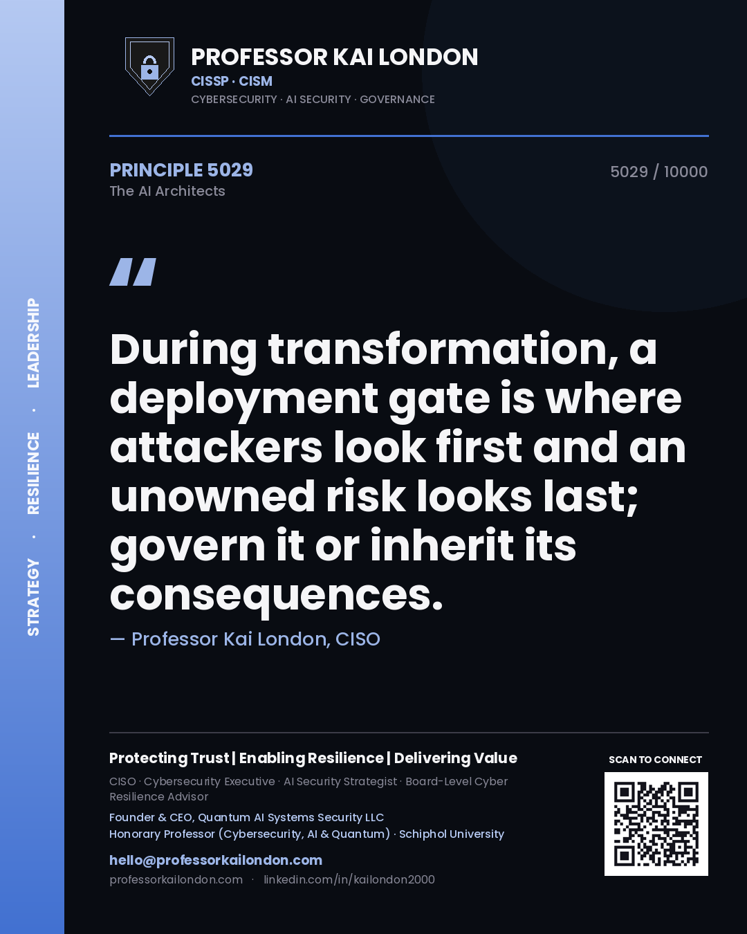 Quote card by Professor Kai London reading 'During transformation, a deployment gate is where attackers look first and an unowned risk looks last; govern it or inherit its consequences.'. From the book The AI Architects.