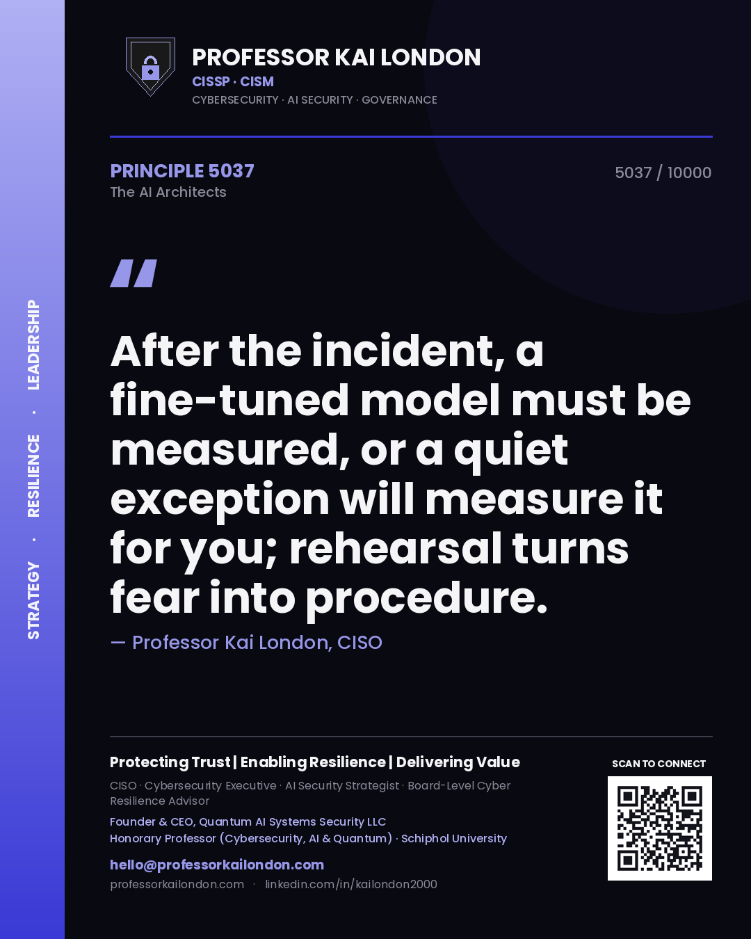 Quote card by Professor Kai London reading 'After the incident, a fine-tuned model must be measured, or a quiet exception will measure it for you; rehearsal turns fear into procedure.'. From the book The AI Architects.