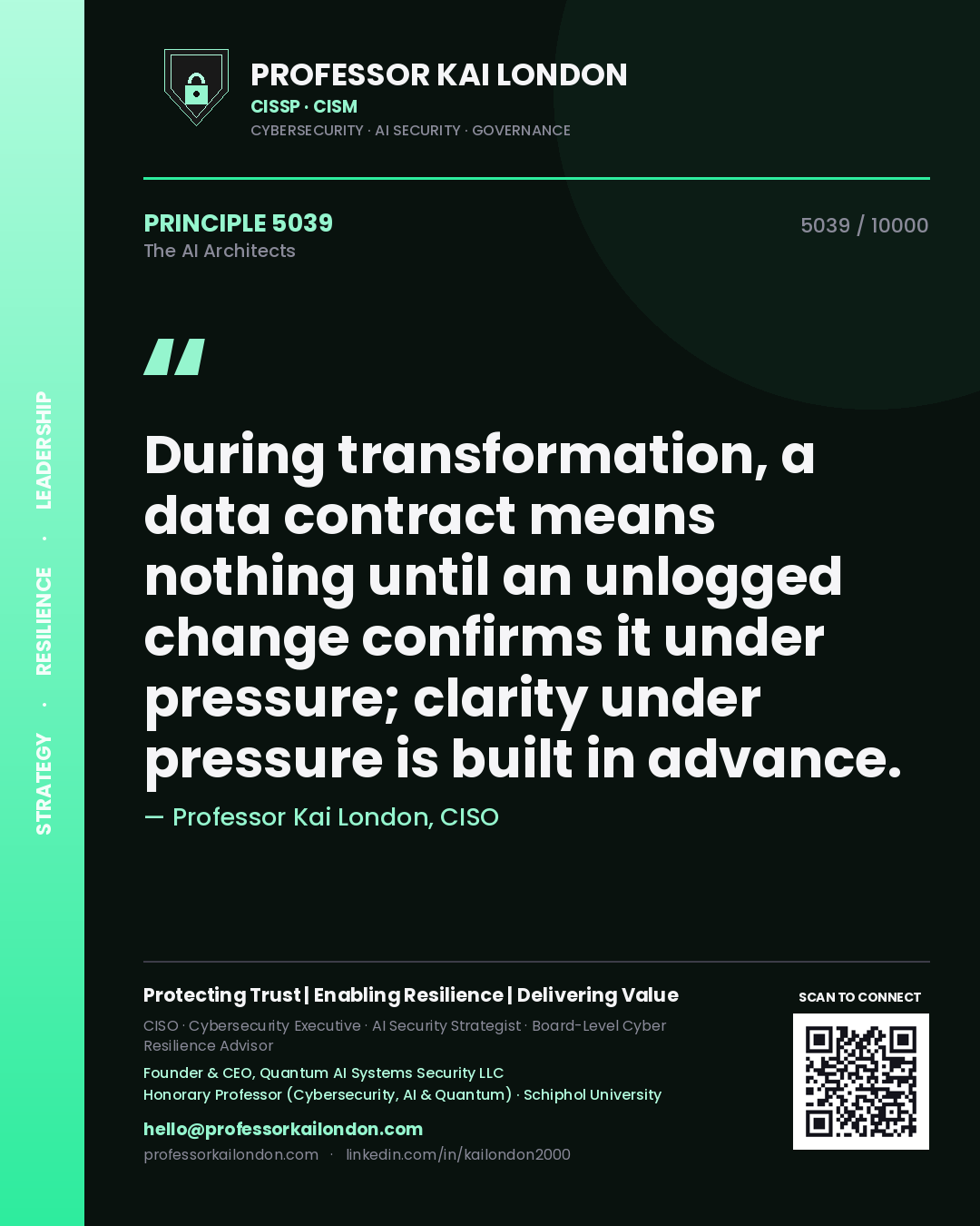 Quote card by Professor Kai London reading 'During transformation, a data contract means nothing until an unlogged change confirms it under pressure; clarity under pressure is built in advance.'. From the book The AI Architects.