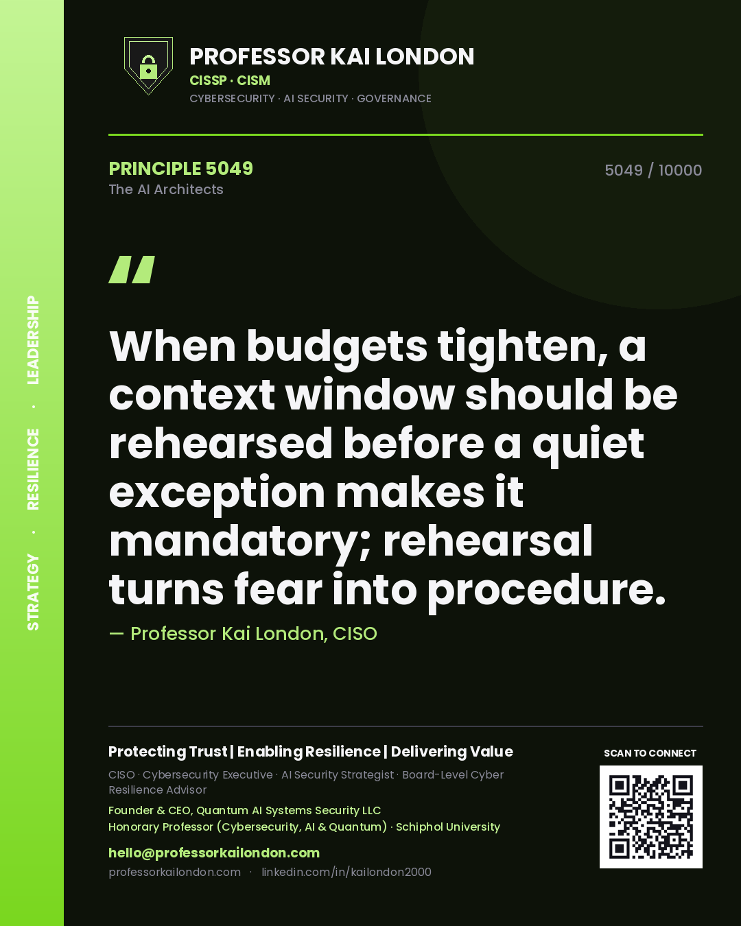 Quote card by Professor Kai London reading 'When budgets tighten, a context window should be rehearsed before a quiet exception makes it mandatory; rehearsal turns fear into procedure.'. From the book The AI Architects.