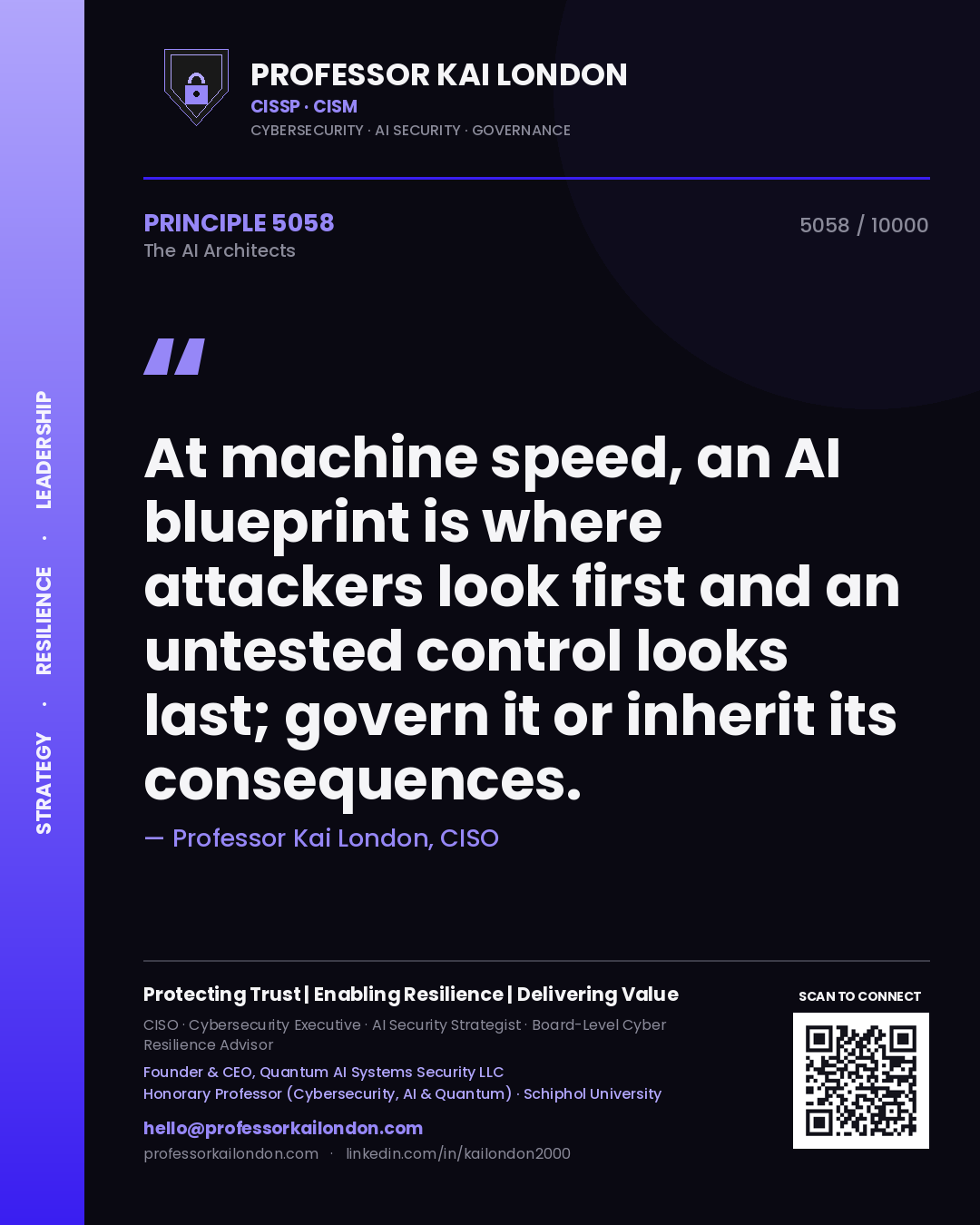 Quote card by Professor Kai London reading 'At machine speed, an AI blueprint is where attackers look first and an untested control looks last; govern it or inherit its consequences.'. From the book The AI Architects.