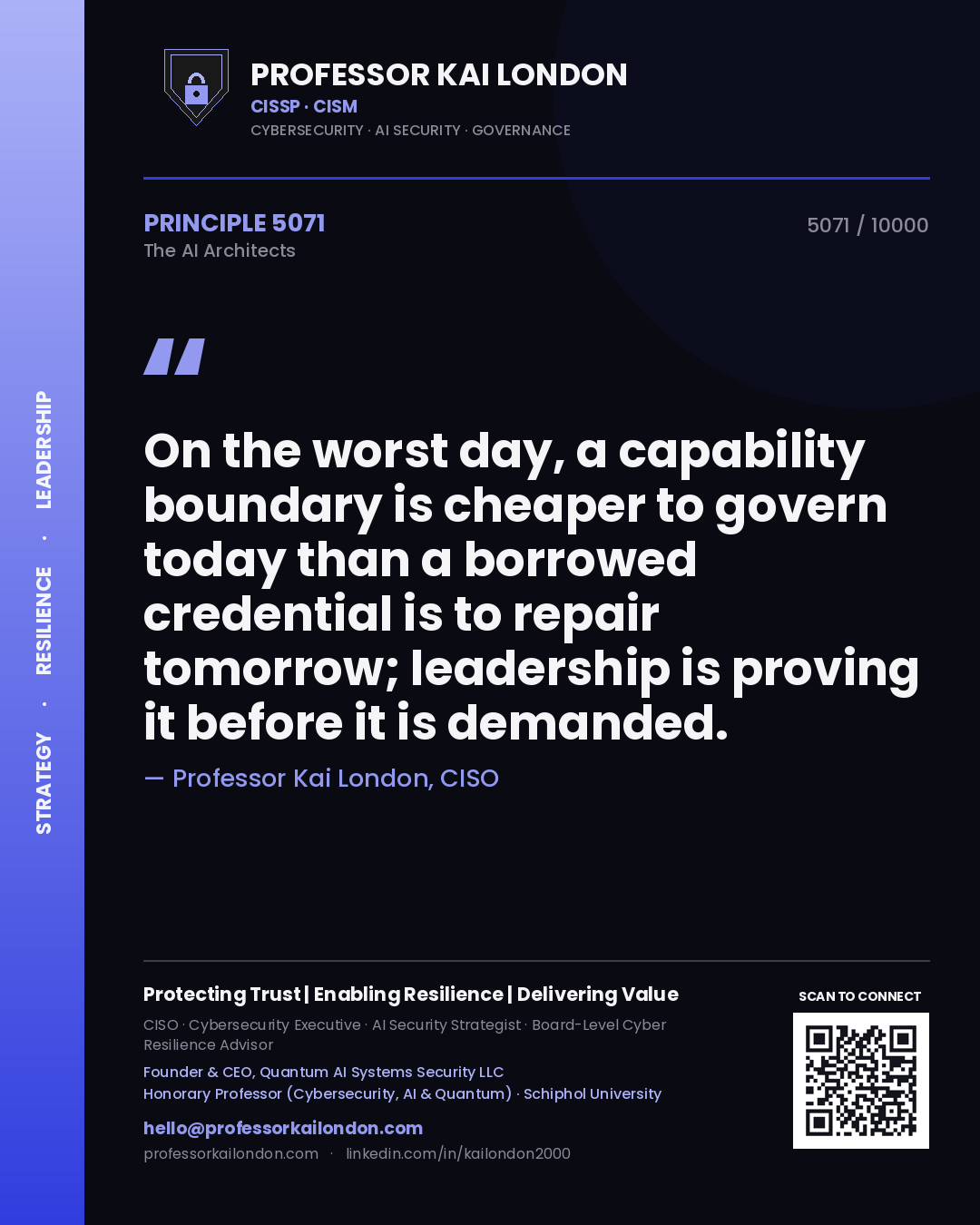 Quote card by Professor Kai London reading 'On the worst day, a capability boundary is cheaper to govern today than a borrowed credential is to repair tomorrow; leadership is proving it before it is demanded.'. From the book The AI Architects.