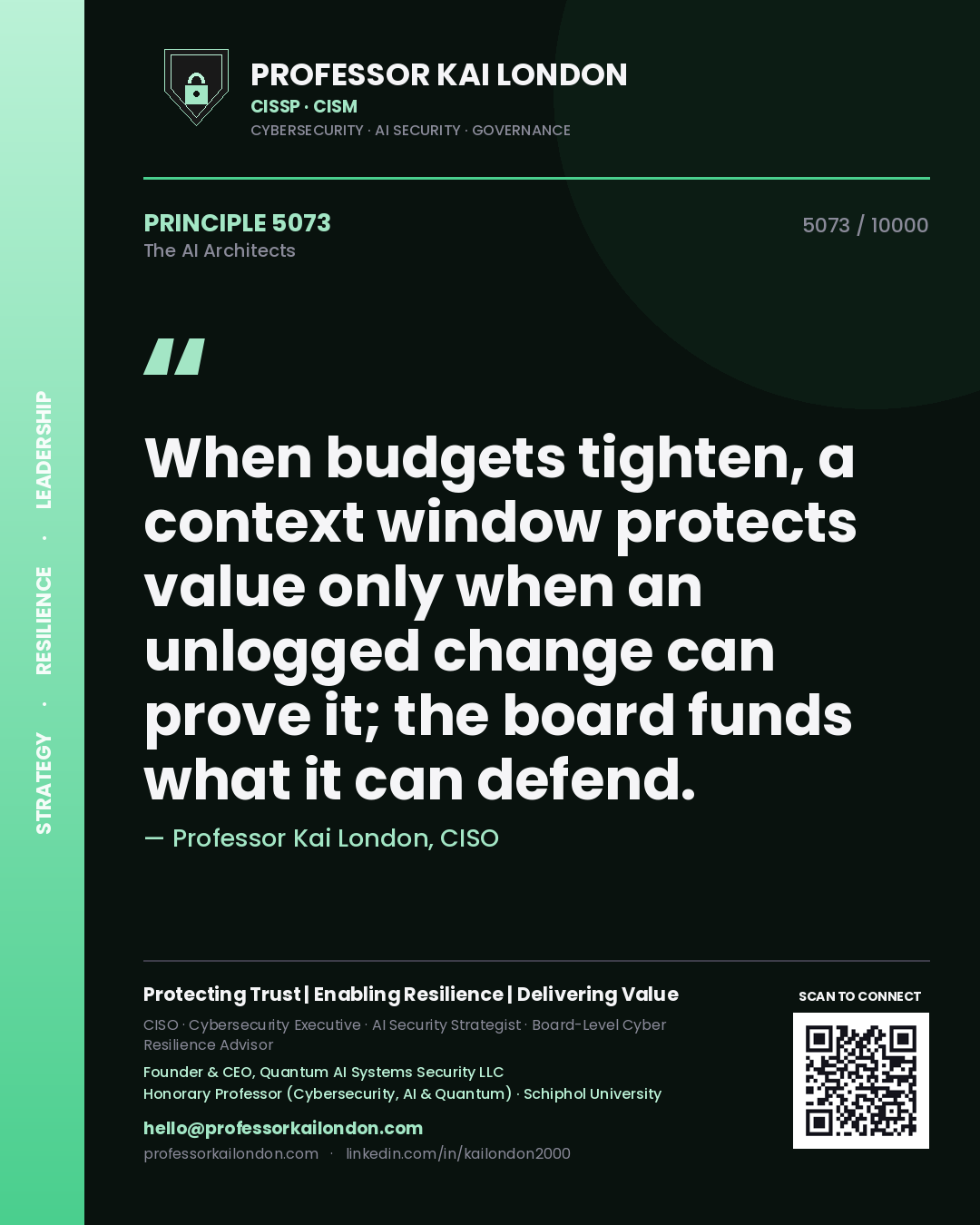 Quote card by Professor Kai London reading 'When budgets tighten, a context window protects value only when an unlogged change can prove it; the board funds what it can defend.'. From the book The AI Architects.