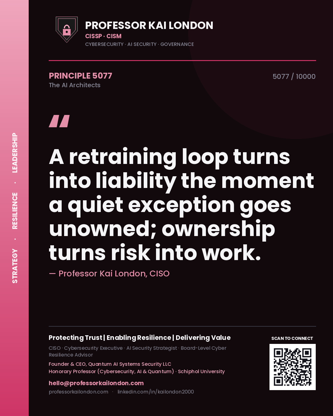 Professor Kai London principle 5077: A retraining loop turns into liability the moment a quiet exception goes unowned; ownership turns risk into work.