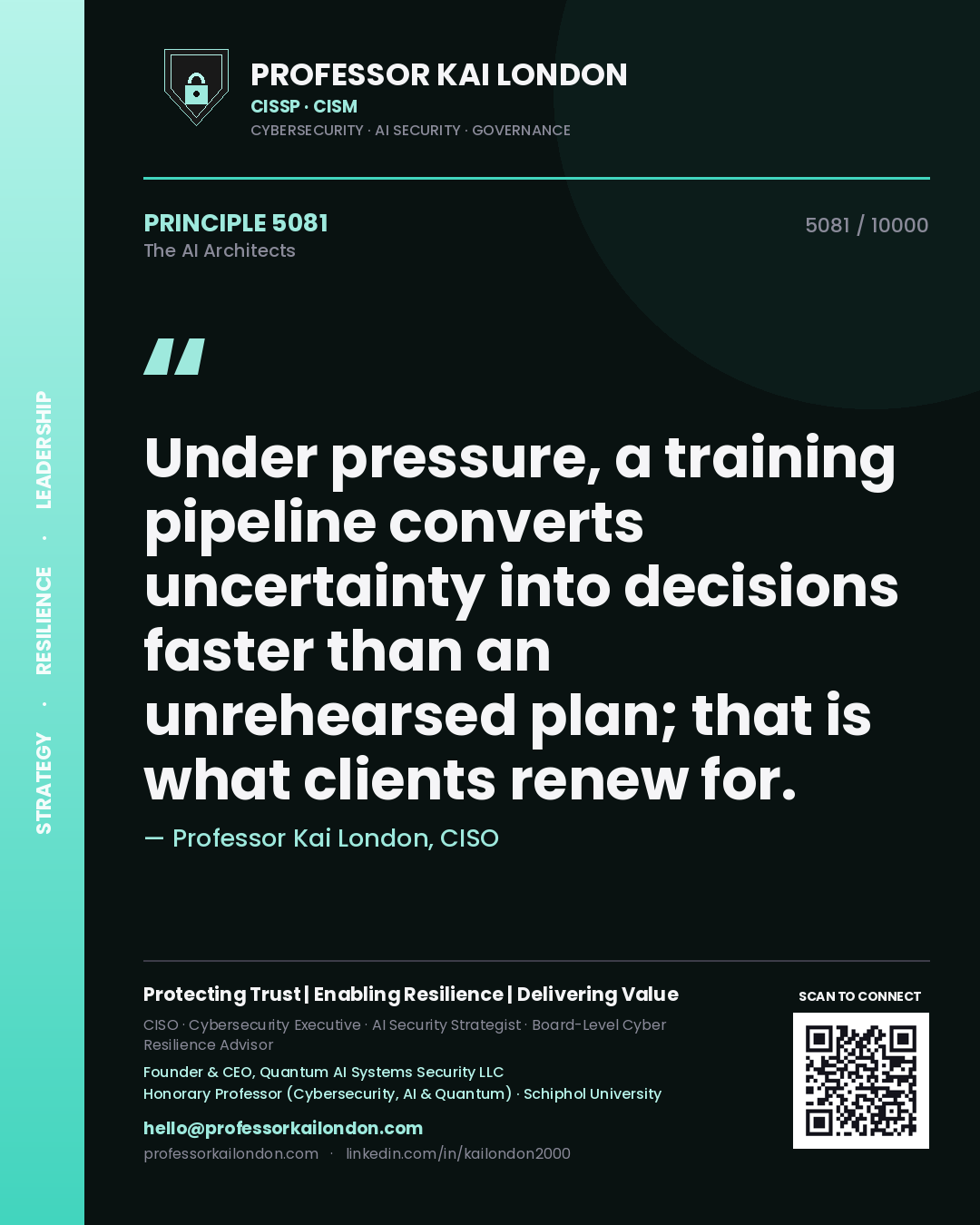 Quote card by Professor Kai London reading 'Under pressure, a training pipeline converts uncertainty into decisions faster than an unrehearsed plan; that is what clients renew for.'. From the book The AI Architects.