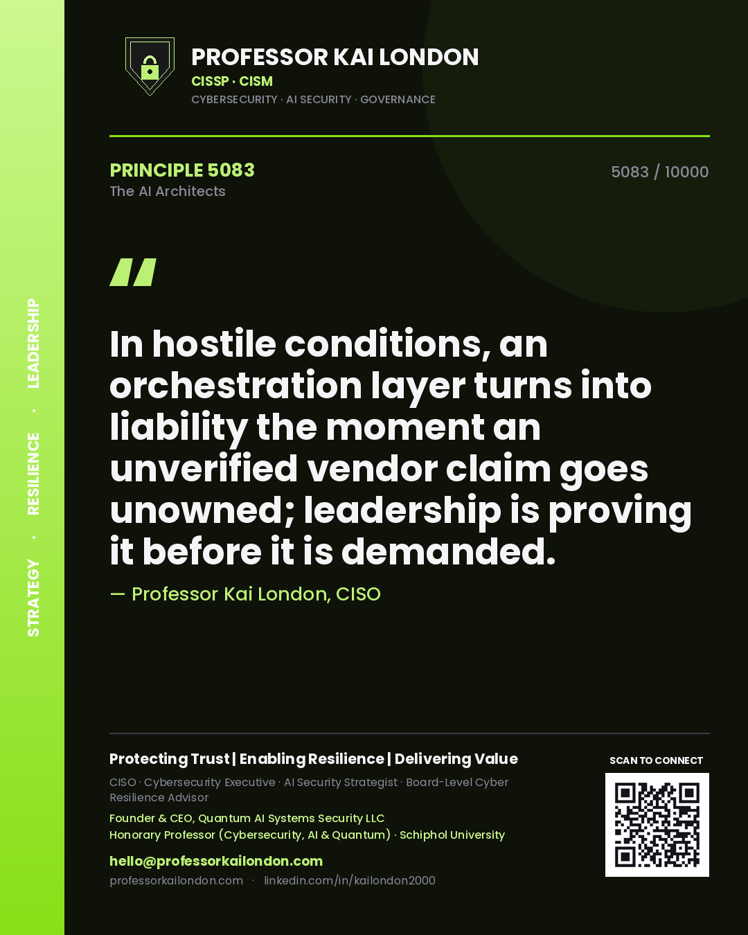 Professor Kai London principle 5083: In hostile conditions, an orchestration layer turns into liability the moment an unverified vendor claim goes unowned; leadership is proving it before it is demanded.