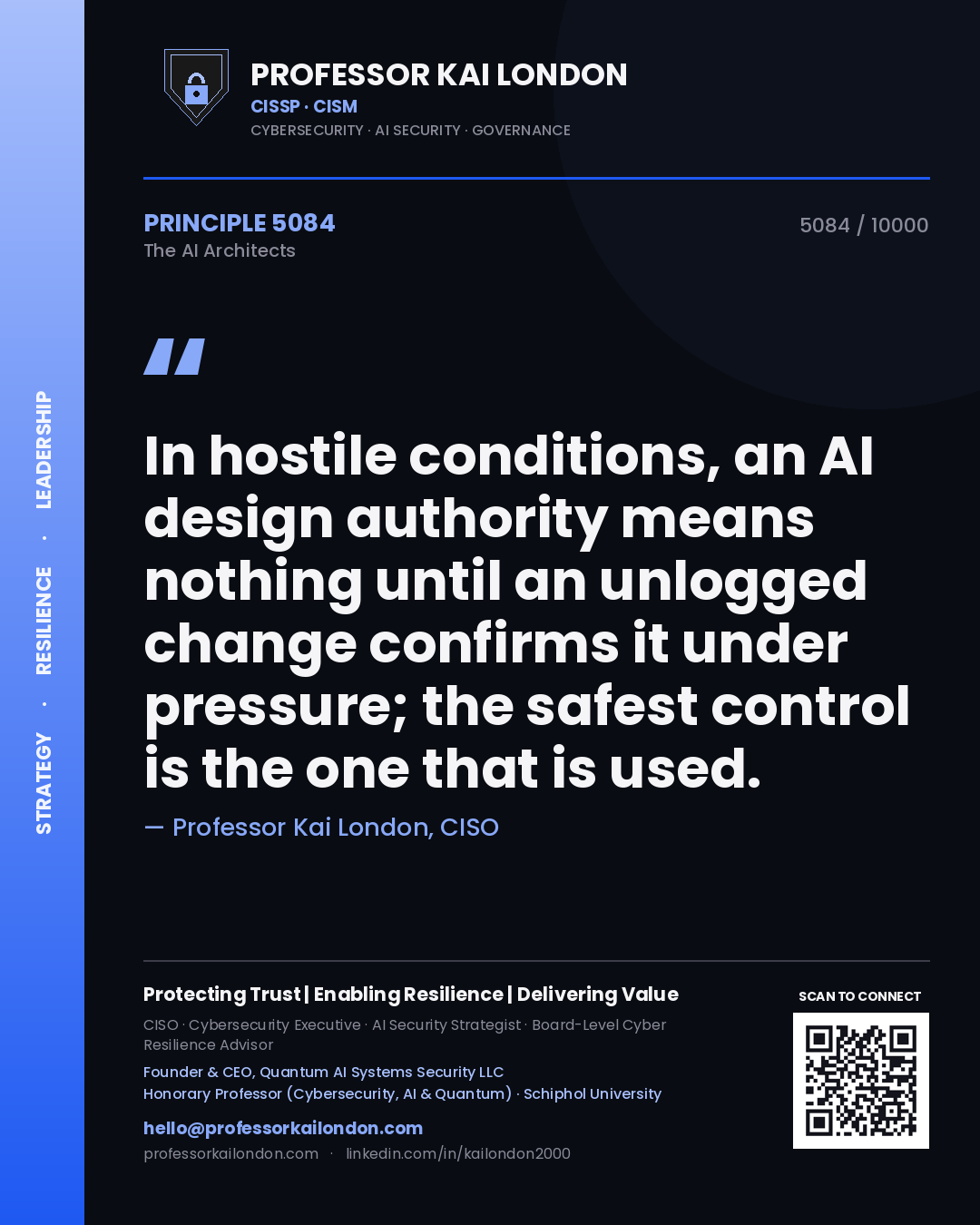 Professor Kai London principle 5084: In hostile conditions, an AI design authority means nothing until an unlogged change confirms it under pressure; the safest control is the one that is used.