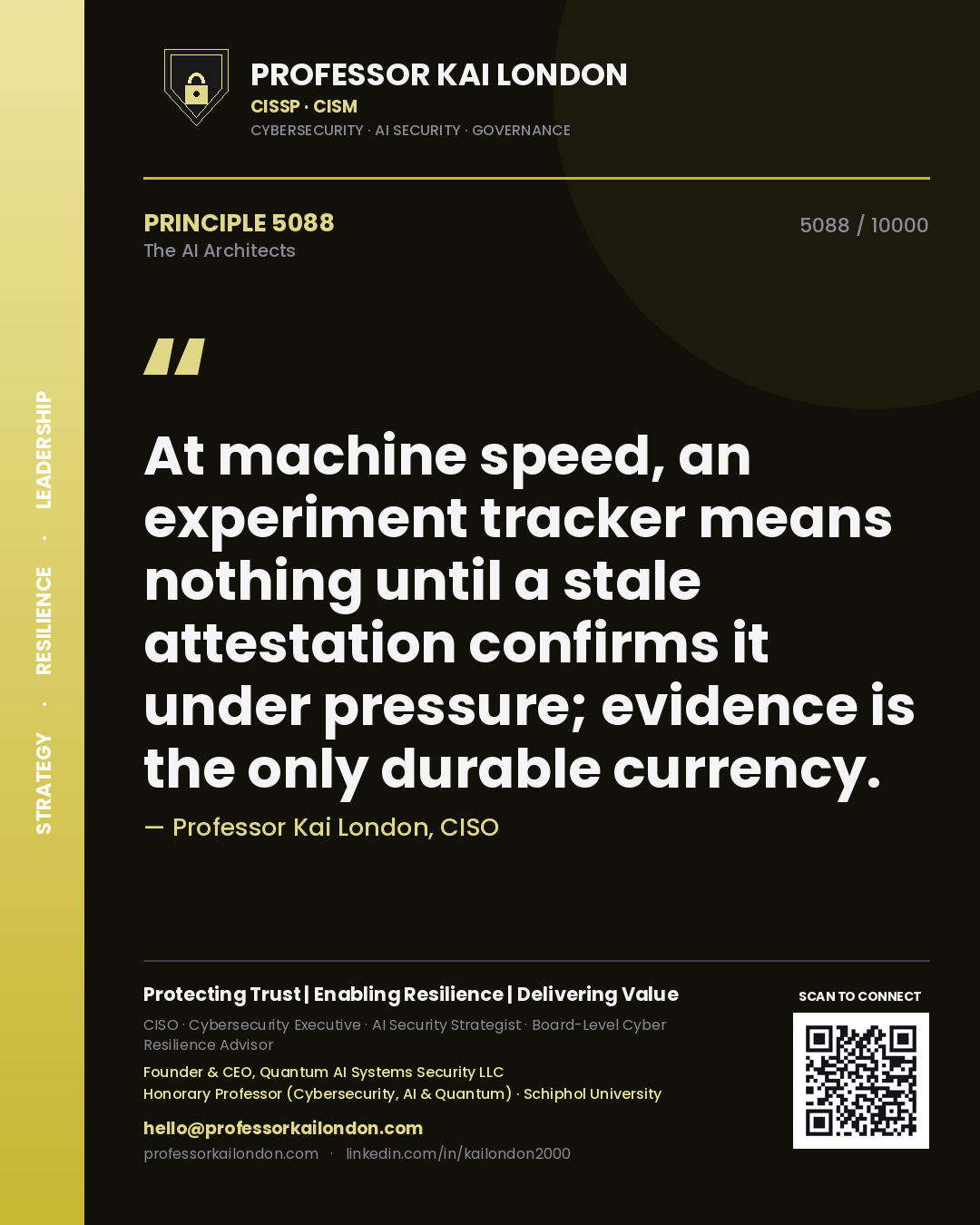 Professor Kai London principle 5088: At machine speed, an experiment tracker means nothing until a stale attestation confirms it under pressure; evidence is the only durable currency.