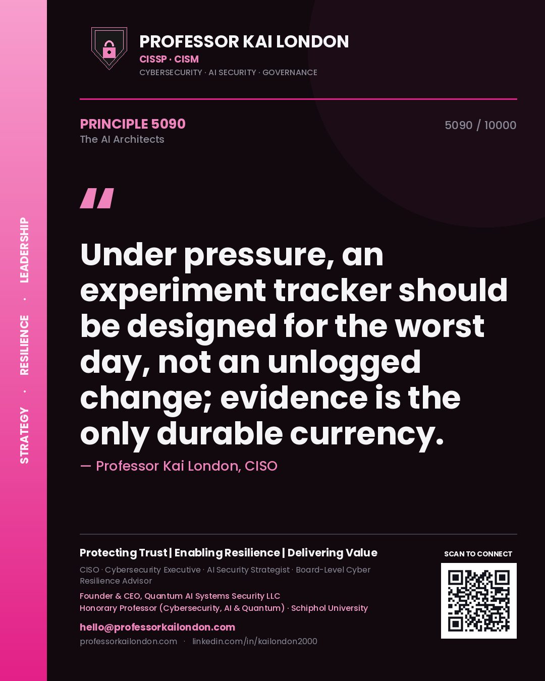 Professor Kai London principle 5090: Under pressure, an experiment tracker should be designed for the worst day, not an unlogged change; evidence is the only durable currency.