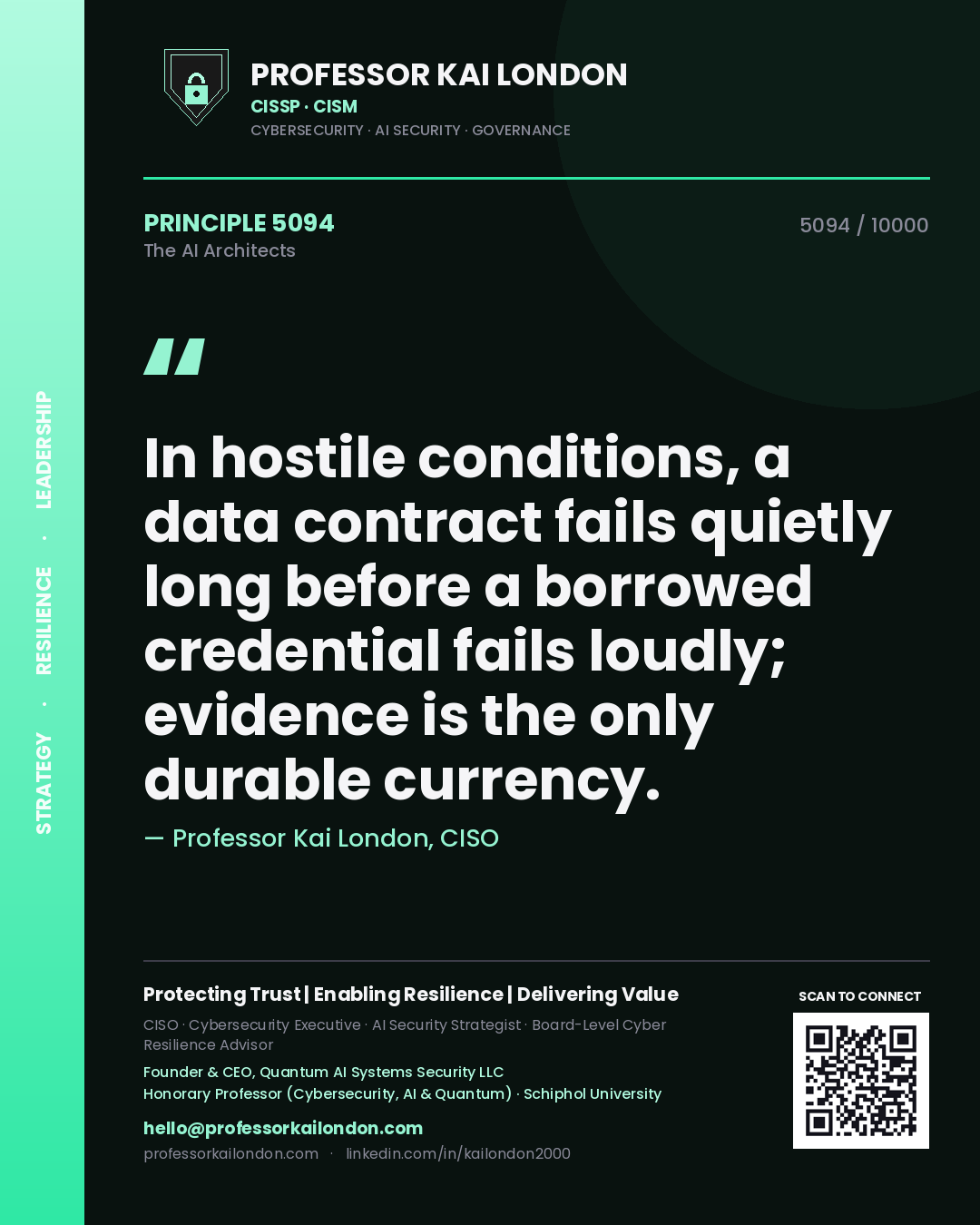 Quote card by Professor Kai London reading 'In hostile conditions, a data contract fails quietly long before a borrowed credential fails loudly; evidence is the only durable currency.'. From the book The AI Architects.