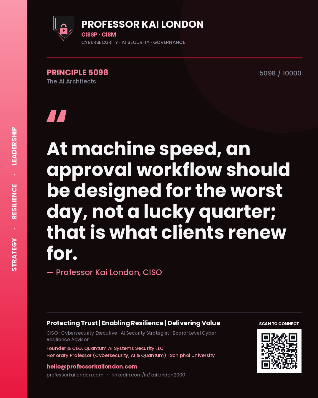 Quote card by Professor Kai London reading 'At machine speed, an approval workflow should be designed for the worst day, not a lucky quarter; that is what clients renew for.'. From the book The AI Architects.