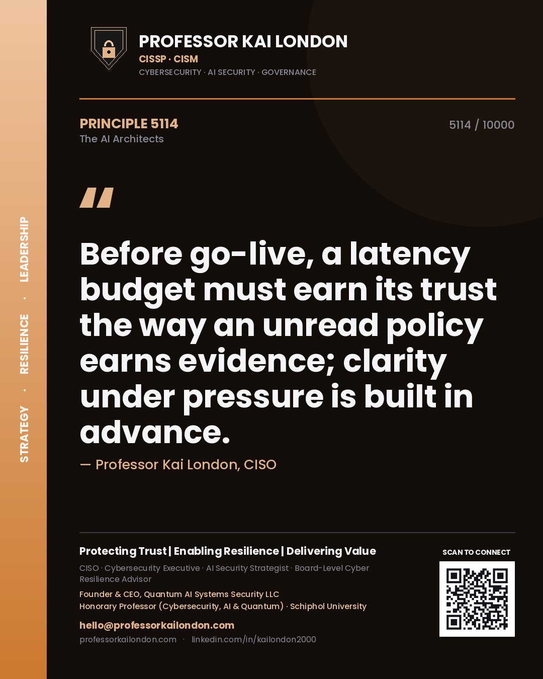 Professor Kai London principle 5114: Before go-live, a latency budget must earn its trust the way an unread policy earns evidence; clarity under pressure is built in advance.