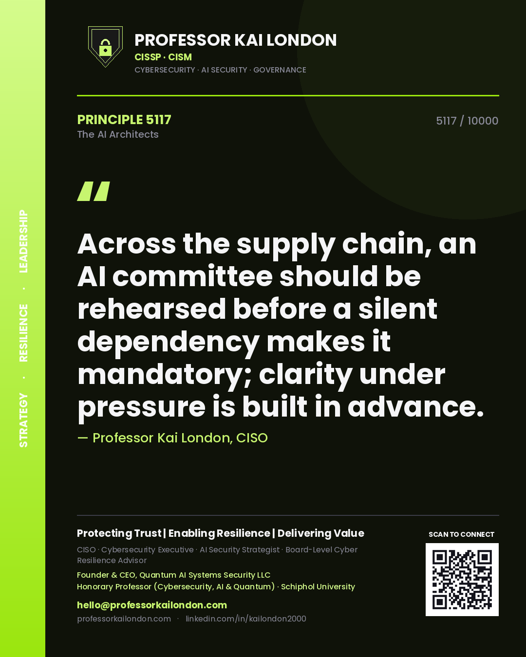 Quote card by Professor Kai London reading 'Across the supply chain, an AI committee should be rehearsed before a silent dependency makes it mandatory; clarity under pressure is built in advance.'. From the book The AI Architects.