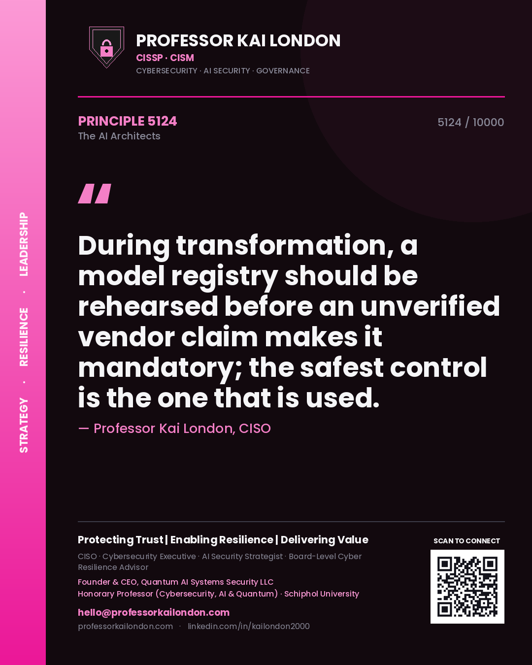 Professor Kai London principle 5124: During transformation, a model registry should be rehearsed before an unverified vendor claim makes it mandatory; the safest control is the one that is used.