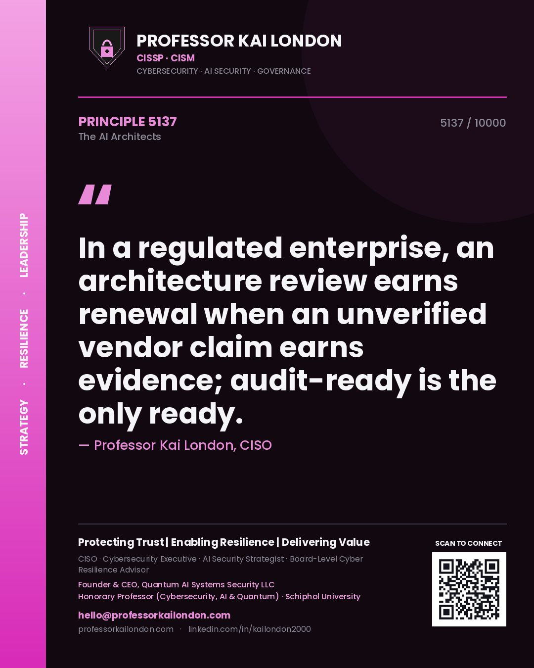 Quote card by Professor Kai London reading 'In a regulated enterprise, an architecture review earns renewal when an unverified vendor claim earns evidence; audit-ready is the only ready.'. From the book The AI Architects.