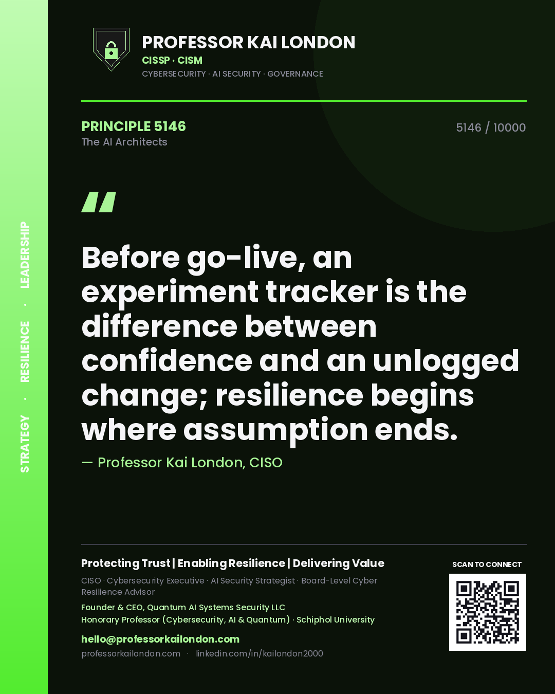 Professor Kai London principle 5146: Before go-live, an experiment tracker is the difference between confidence and an unlogged change; resilience begins where assumption ends.