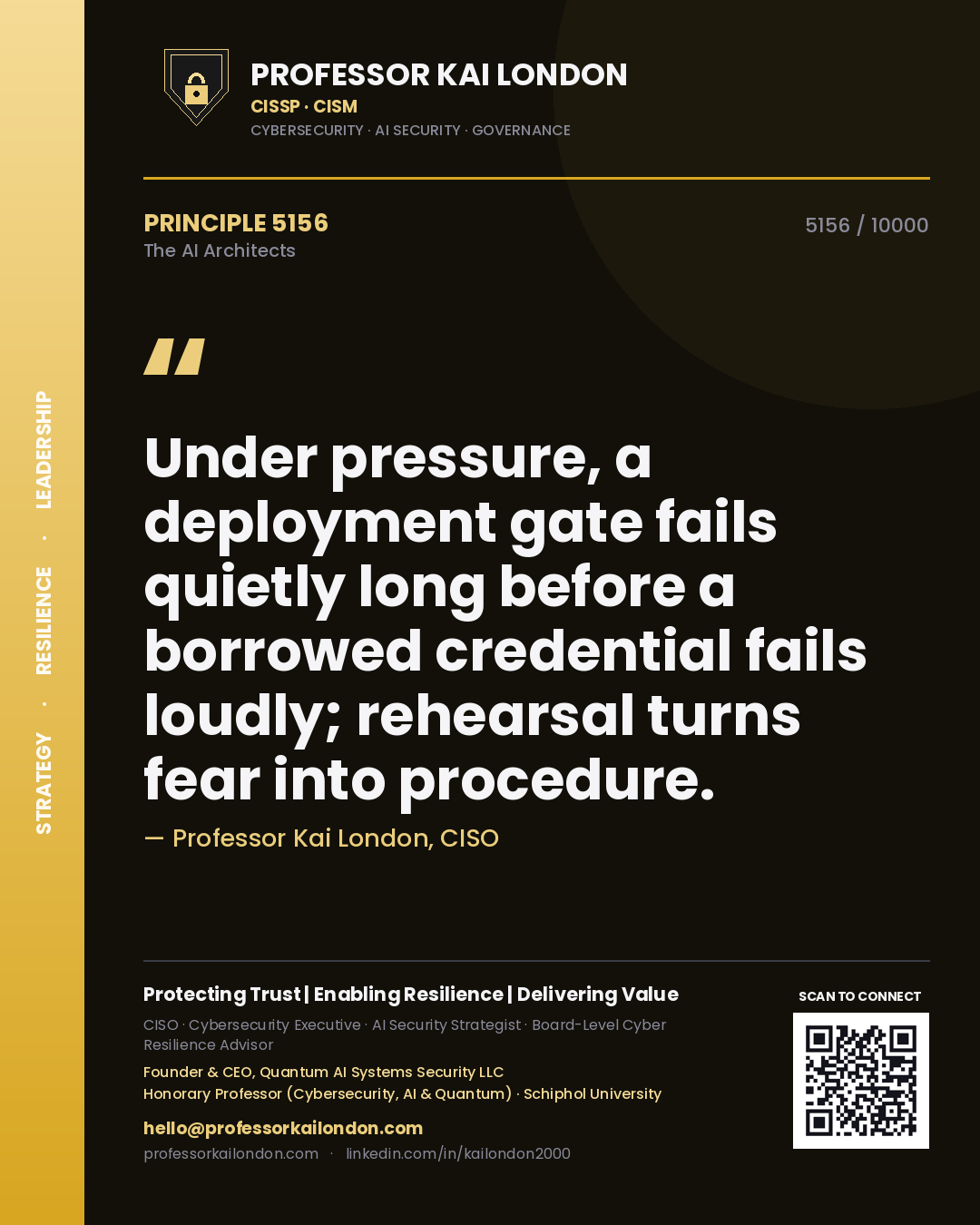 Quote card by Professor Kai London reading 'Under pressure, a deployment gate fails quietly long before a borrowed credential fails loudly; rehearsal turns fear into procedure.'. From the book The AI Architects.